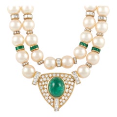 LB Exclusive 18k Yellow Gold 5.50 Ct Diamond, Pearl and Emerald Necklace