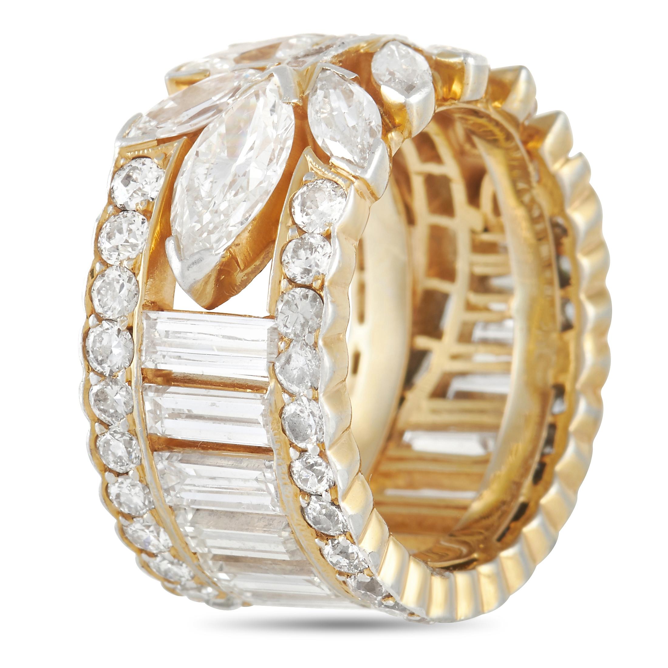 It doesn’t matter if it serves as a wedding band or just as a way to elevate your jewelry collection - this opulent ring is nothing short of spectacular. On this dynamic design, diamond baguettes and marquise cut diamonds combine to create a