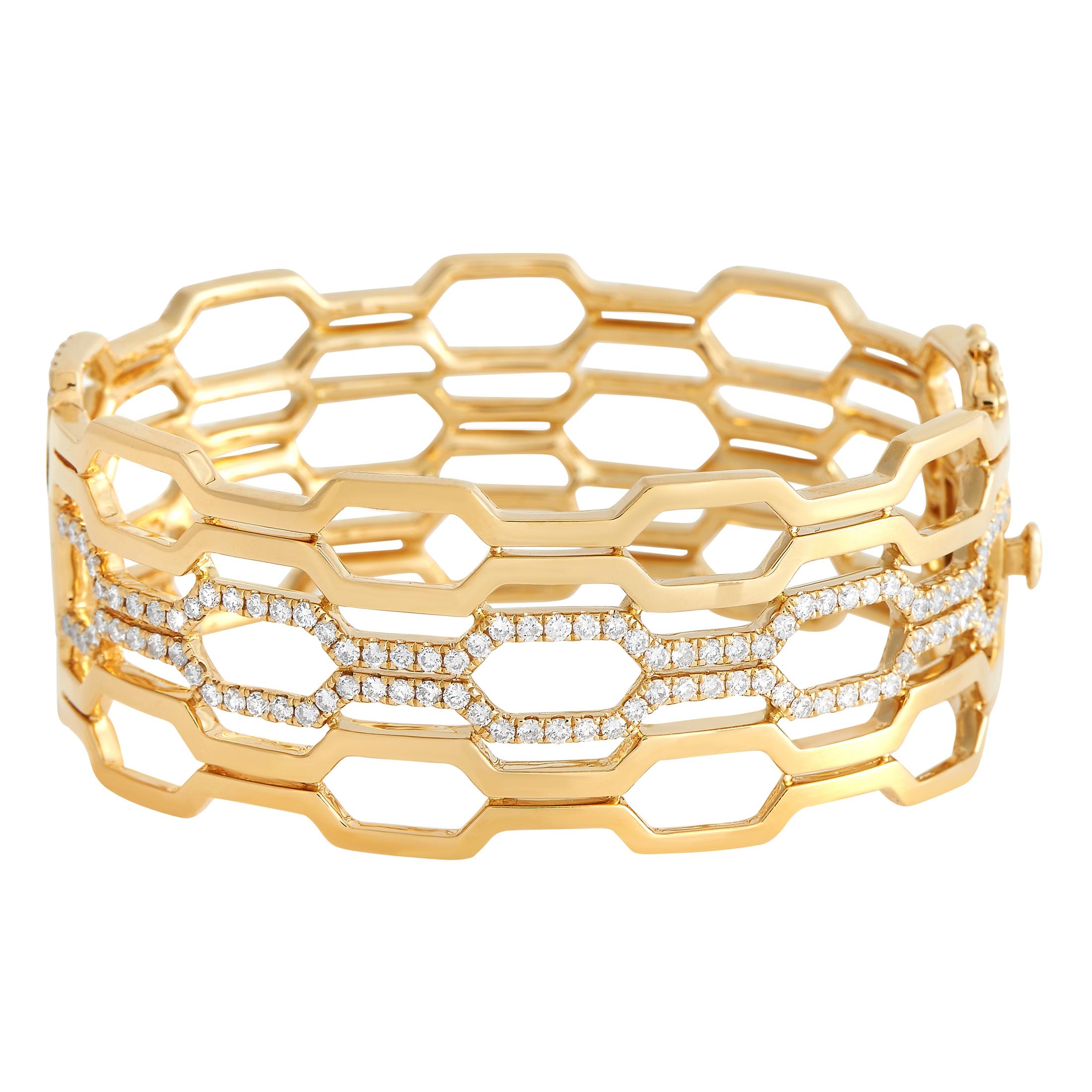 Round Cut LB Exclusive 18K Yellow Gold 7.96ct Diamond Openwork Wide Bracelet For Sale
