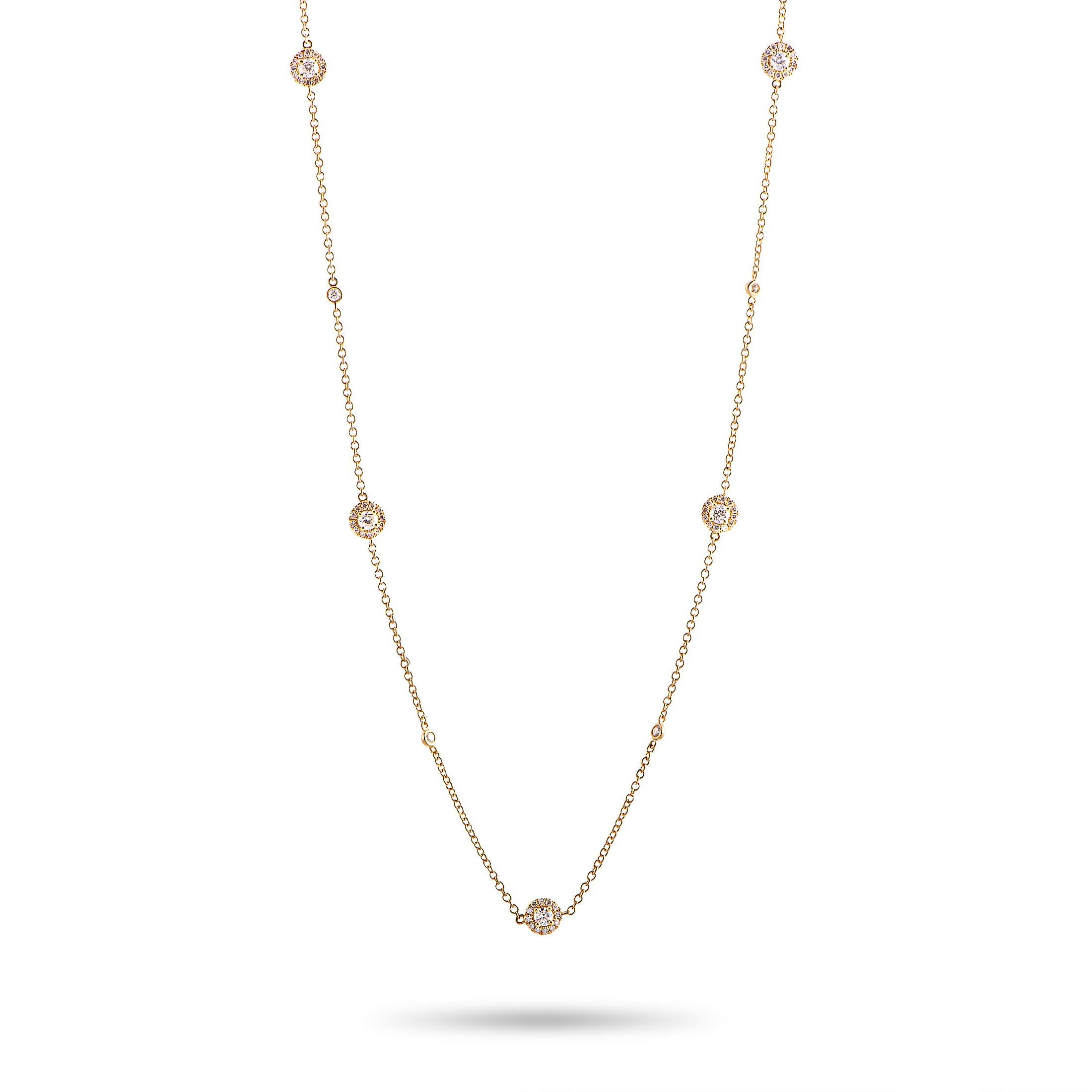 This LB Exclusive necklace is crafted from 18K yellow gold and weighs 9.2 grams, measuring 40” in length. The necklace is set with diamonds that weigh 3.01 carats in total.

Offered in brand new condition, this jewelry piece includes a gift box.
