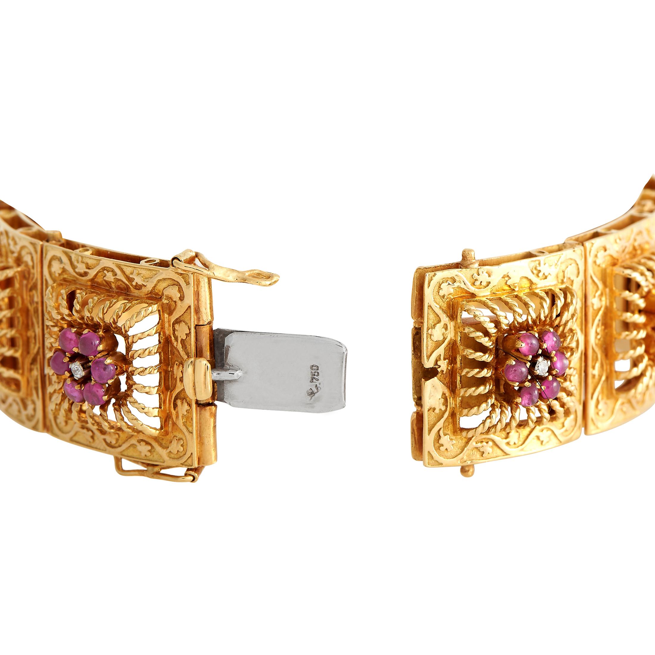 Round Cut 18K Yellow Gold Diamond and Ruby Art Nouveau Bracelet For Sale