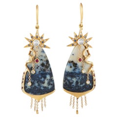 LB Exclusive 18k Yellow Gold Diamond, Azurite, Sapphire, and Ruby Earrings