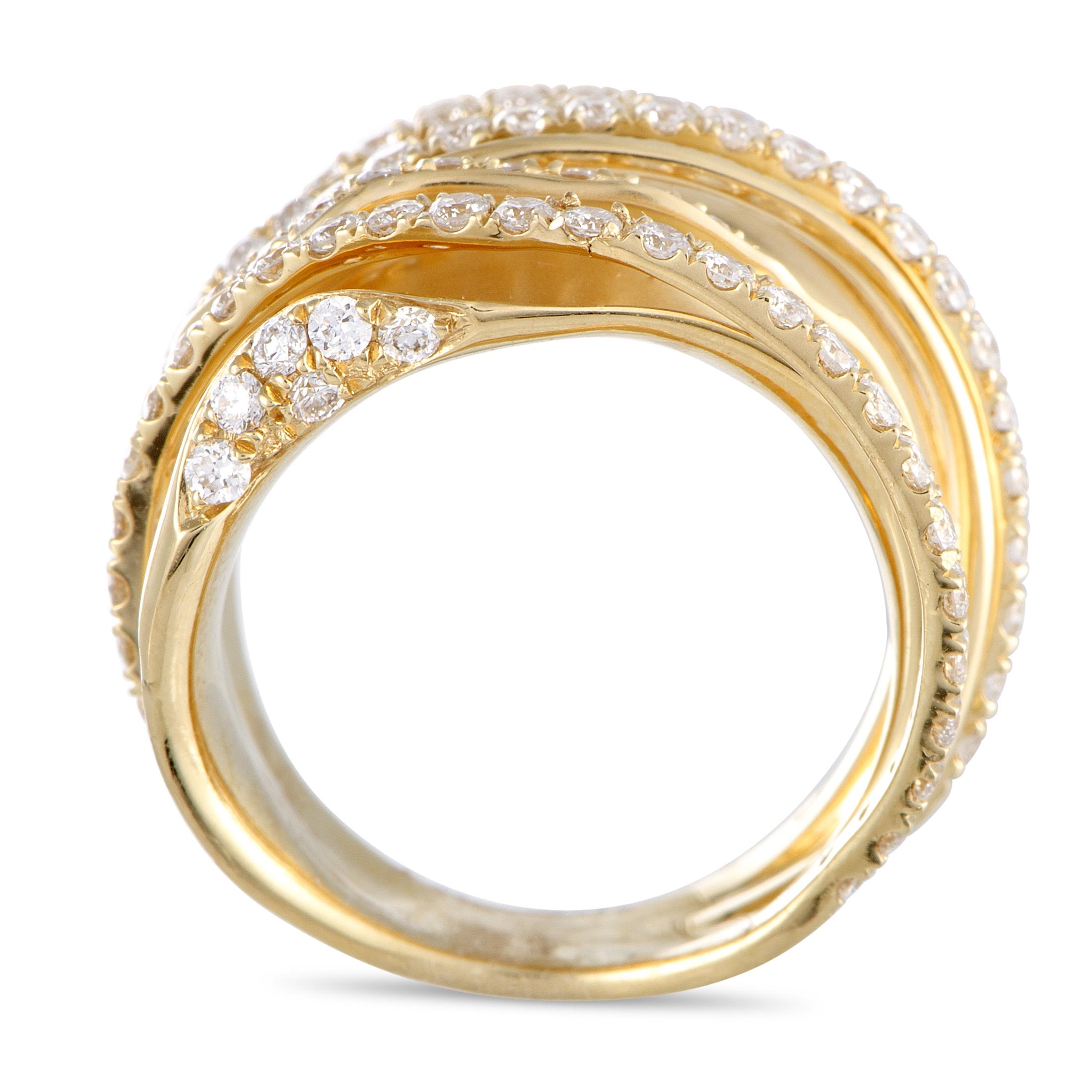 This LB Exclusive ring is crafted from 18K yellow gold and weighs 9.2 grams, boasting band thickness of 5 mm and top height of 4 mm, while top dimensions measure 17 by 22 mm. The ring is set with diamonds that amount to 1.52 carats.

Offered in