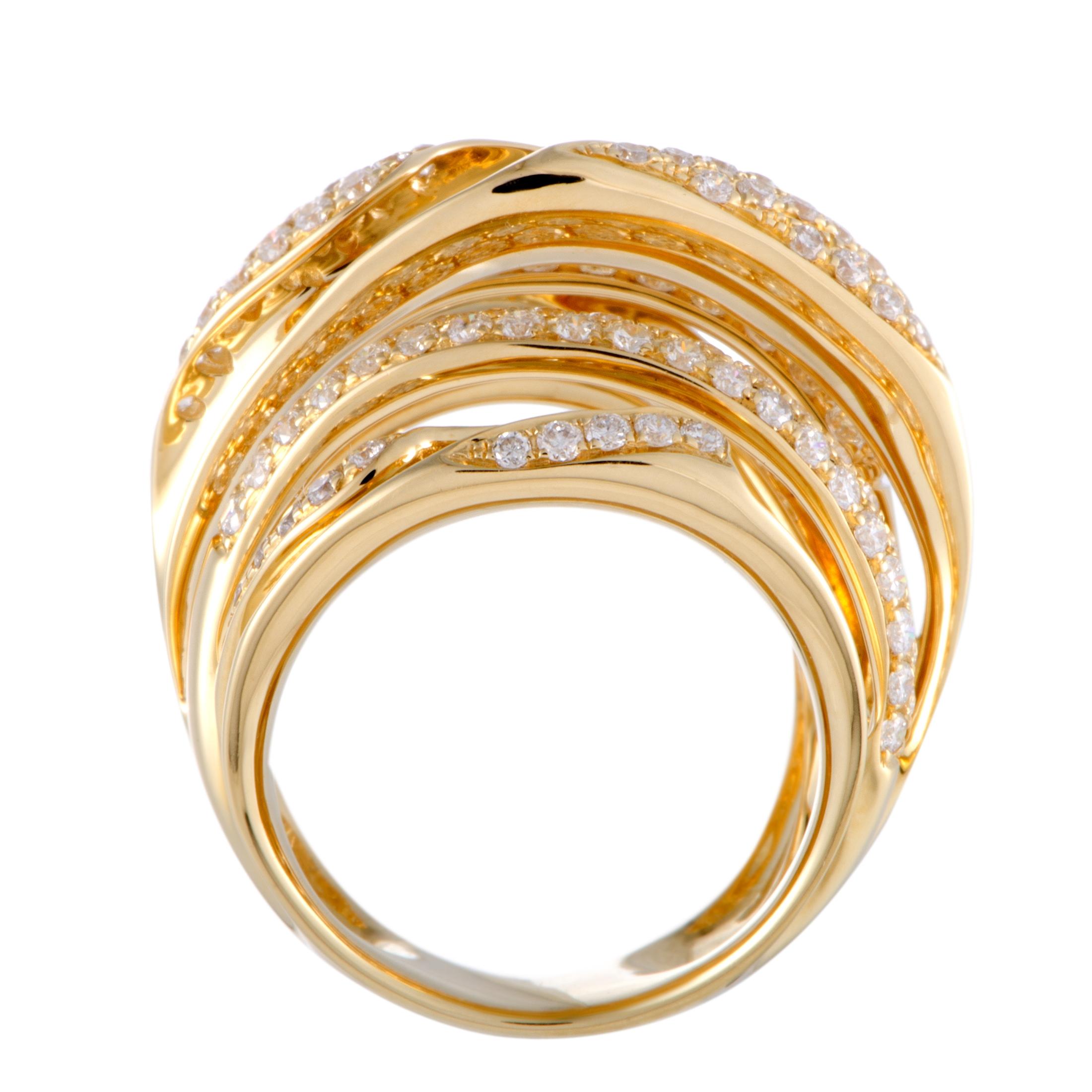 The luxurious sheen of yellow gold and the lustrous resplendence of diamond stones are beautifully combined in this fabulous ring into creating an incredibly extravagant effect. Splendidly designed by , this attractive ring is exquisitely crafted