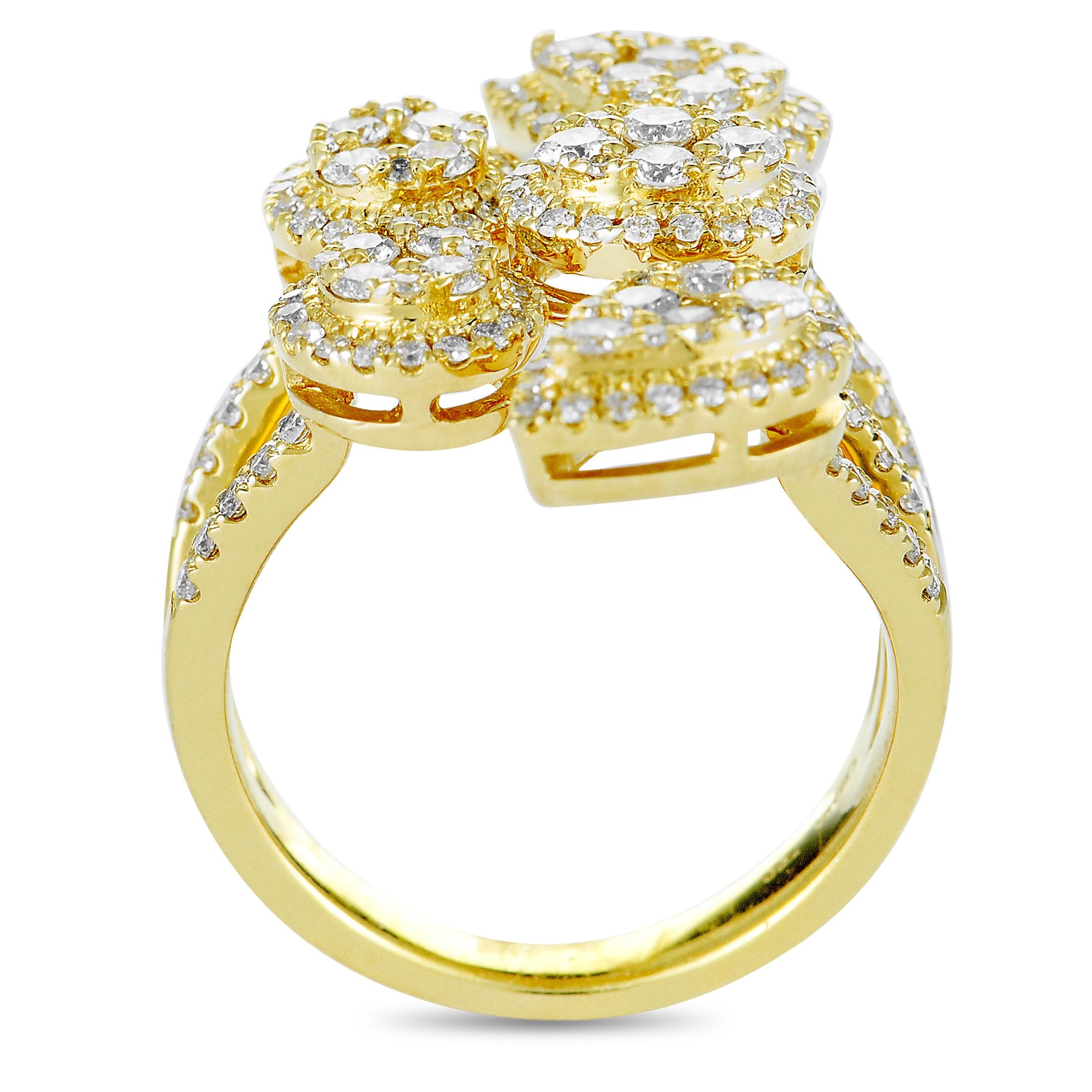 This LB Exclusive ring is made of 18K yellow gold and set with diamonds that amount to 1.50 carats. The ring weighs 8.1 grams, boasting band thickness of 3 mm and top height of 4 mm, while top dimensions measure 20 by 23 mm.

Offered in brand new