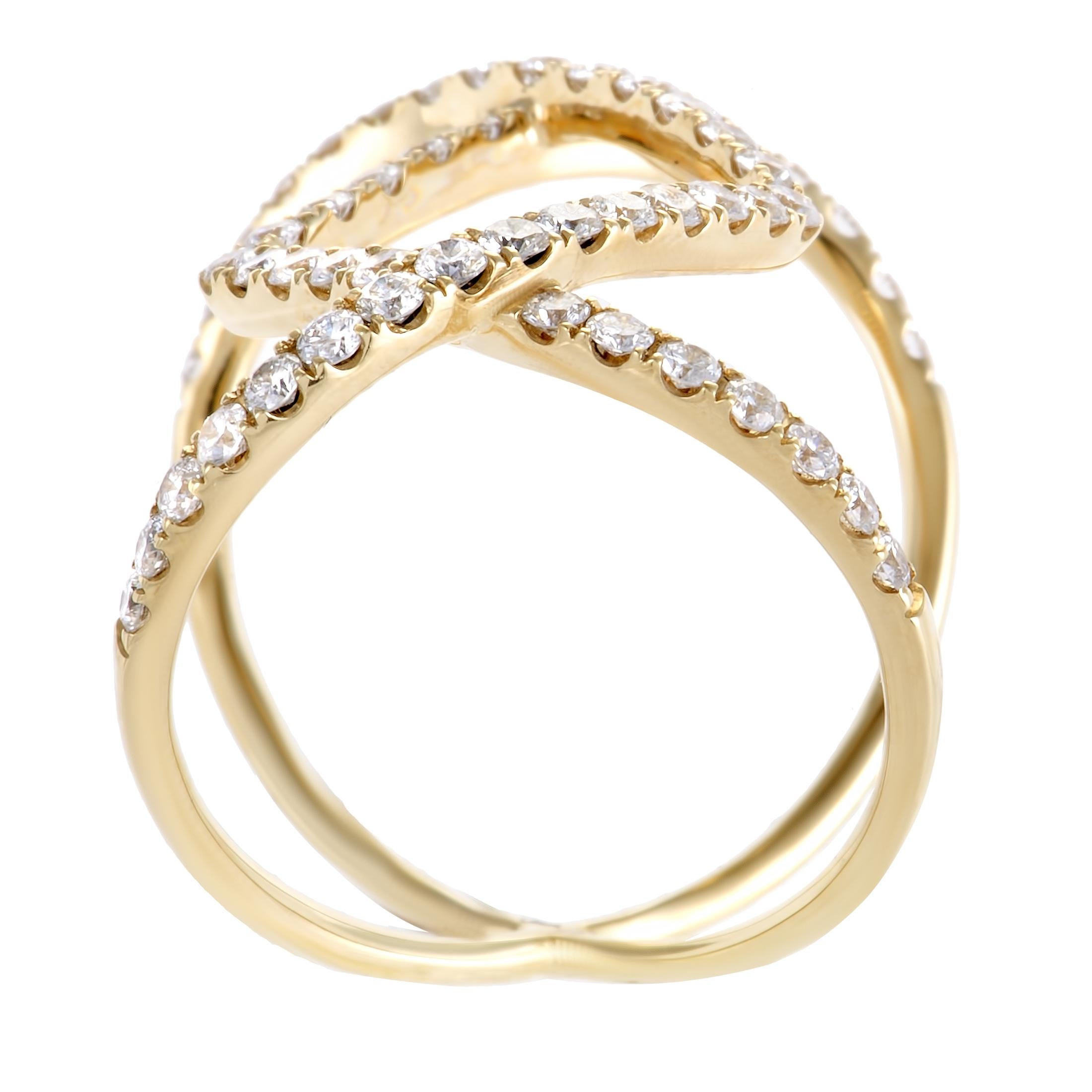 Strikingly offbeat and incredibly luxurious, this sublime ring presented by  boasts exceptional craftsmanship and endearing décor, offering eye-catching refined appearance. The ring is made of radiant 18K yellow gold and it is set with 1.07 carats