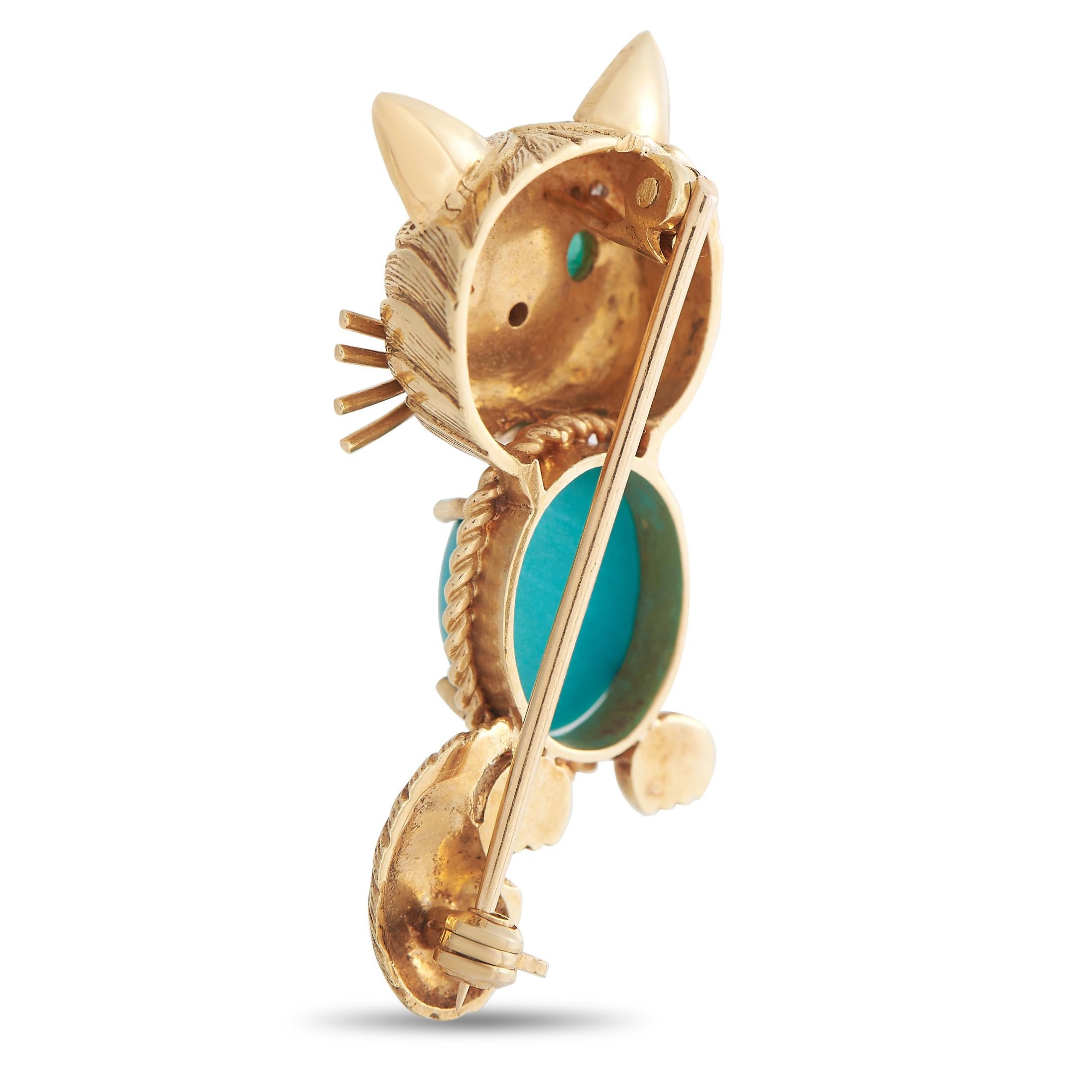 This charming cat-shaped brooch will earn you endless compliments. A brilliant Turquoise cabochon makes a statement at the center, while sparkling Diamond accents, an Emerald “eye,” and a Ruby “nose” make it even more distinguished. Crafted from