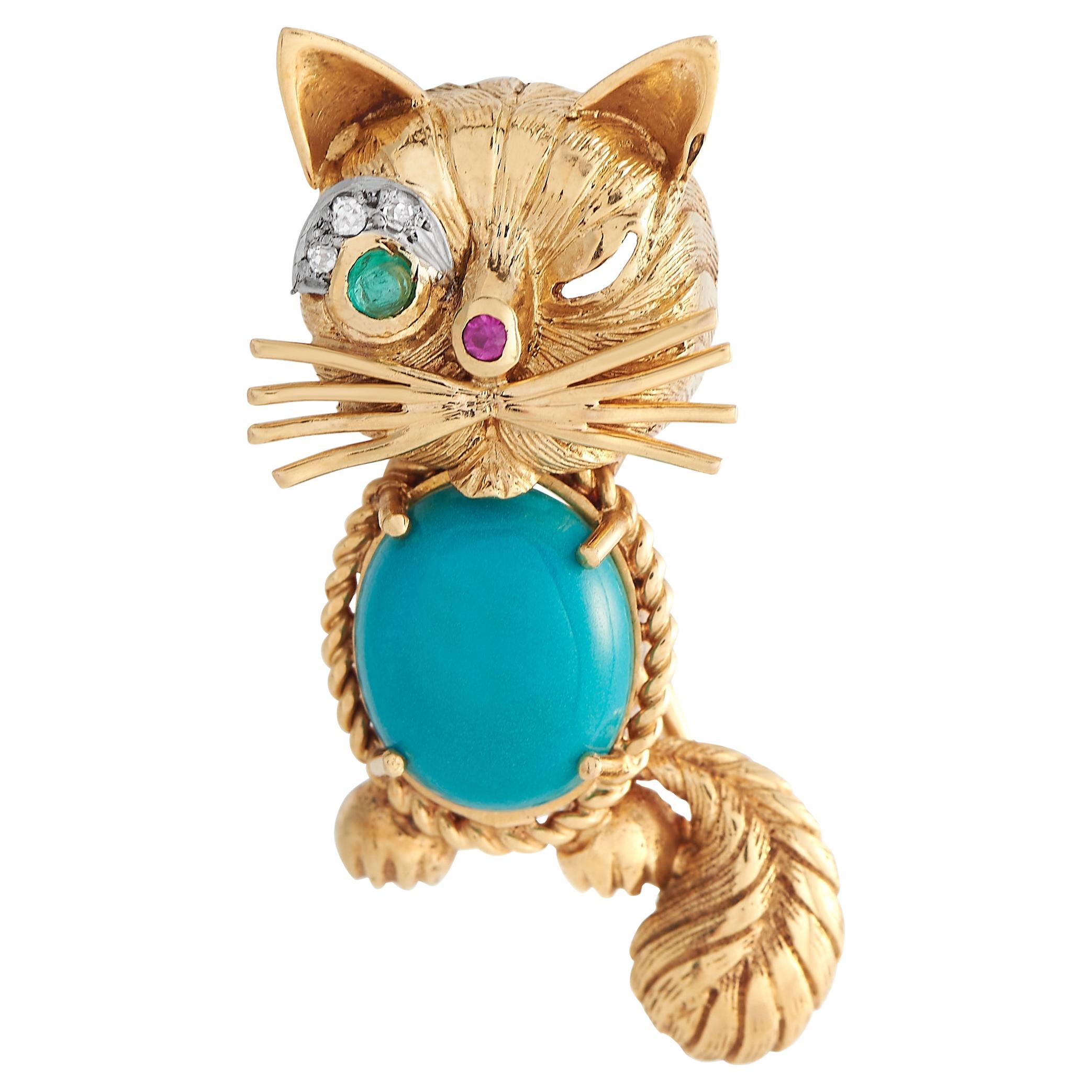 Lb Exclusive 18k Yellow Gold Diamond, Turquoise, Emerald, and Ruby Cat Brooch