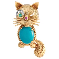 LB Exclusive Broche chat en or jaune 18 carats avec diamants, turquoises, émeraudes et rubis