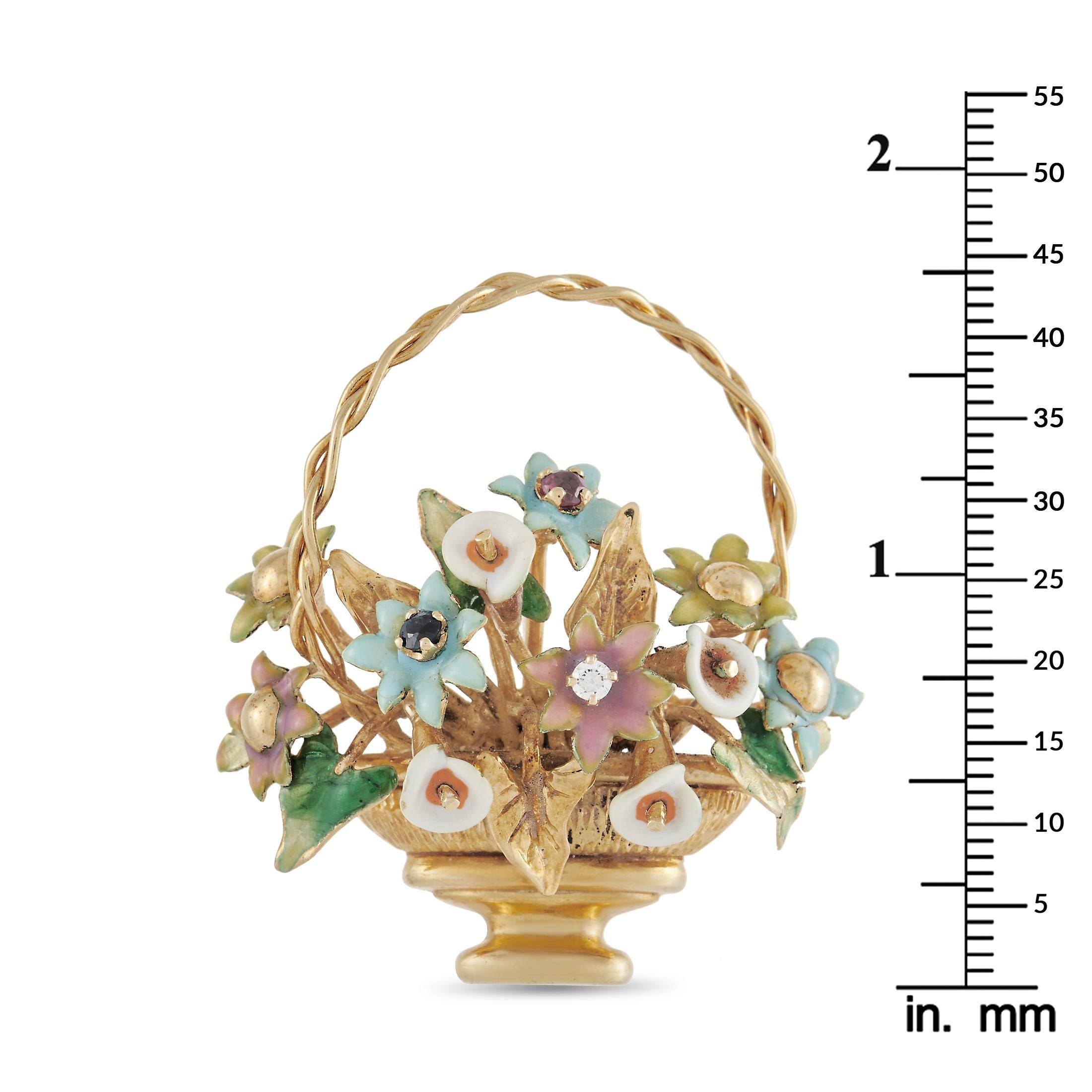 LB Exclusive 18K Yellow Gold Enameled Flower Basket Brooch In Excellent Condition In Southampton, PA