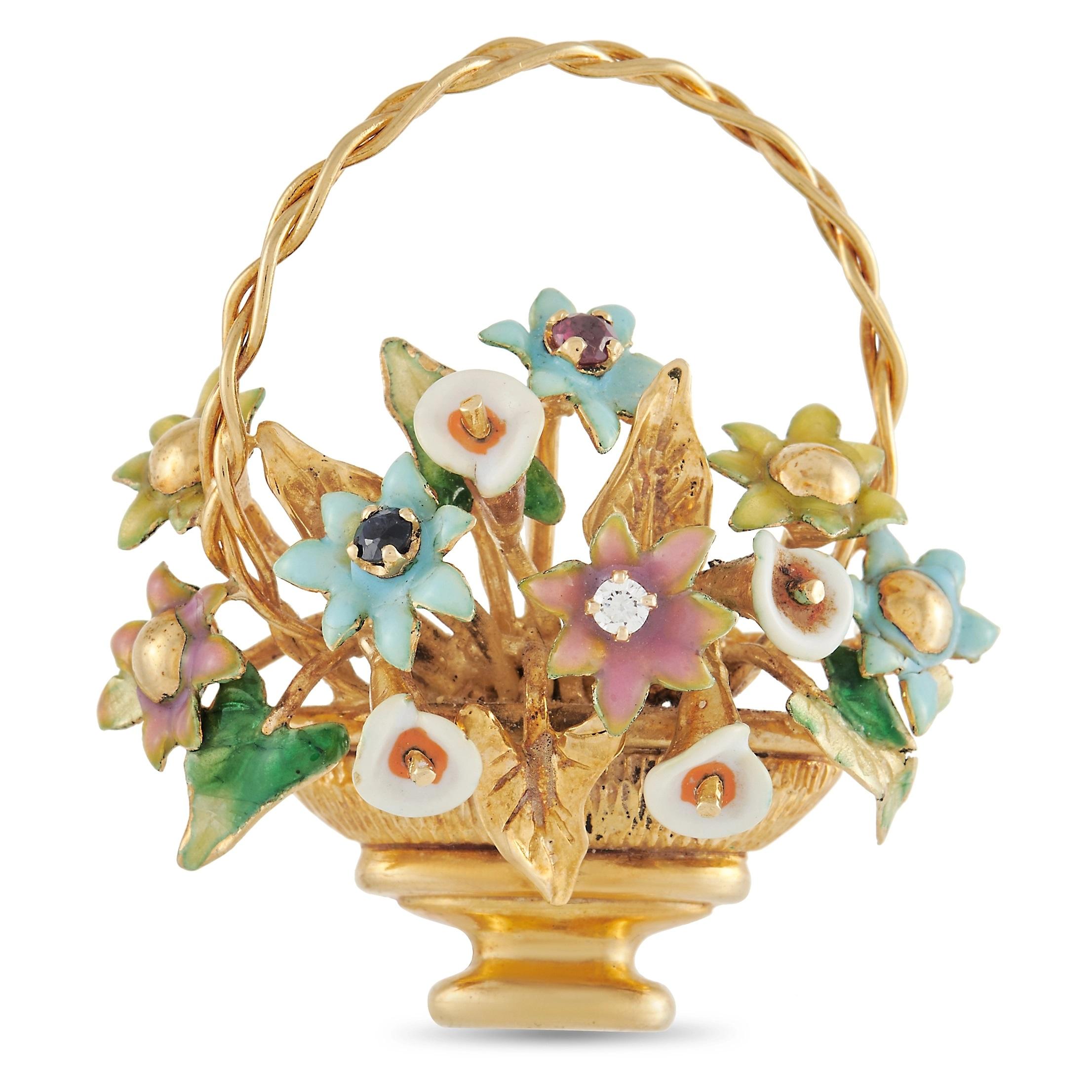 Women's LB Exclusive 18K Yellow Gold Enameled Flower Basket Brooch