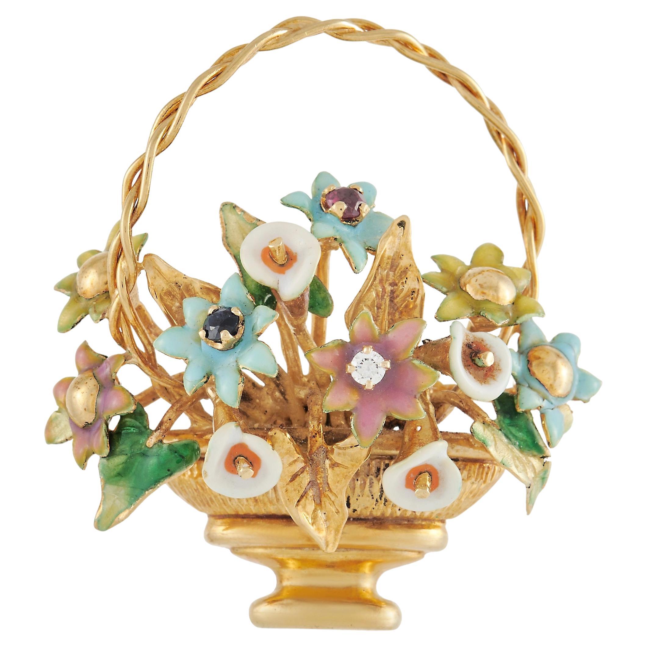 LB Exclusive 18K Yellow Gold Enameled Flower Basket Brooch