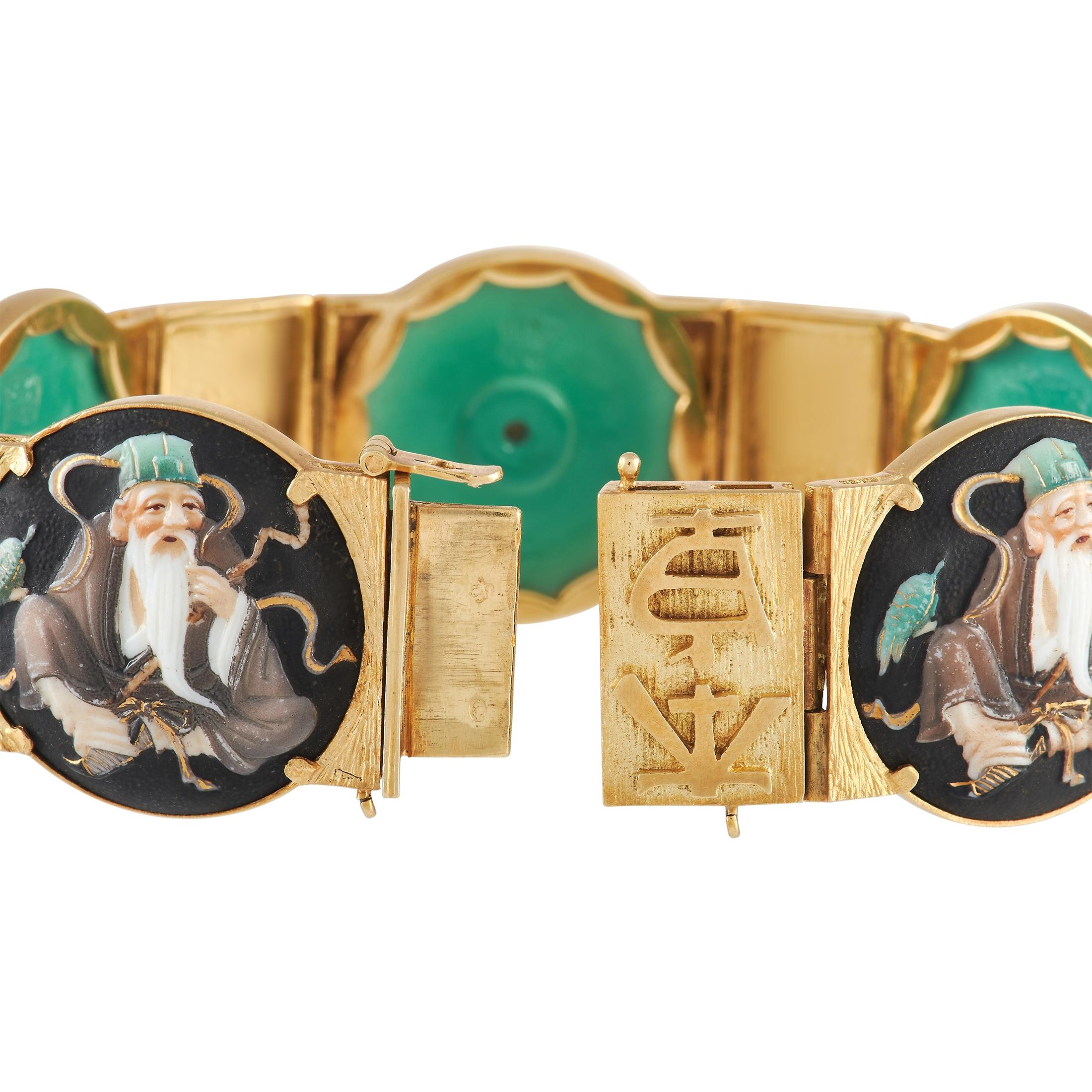 Call on to the ancient gods of fortune through this LB Exclusive 18K Yellow Gold Japanese Lucky Gods Resin and Enamel Bracelet. It features an 8.5-inch long bracelet fashioned in solid yellow gold. It comes adorned with round resin bearing with
