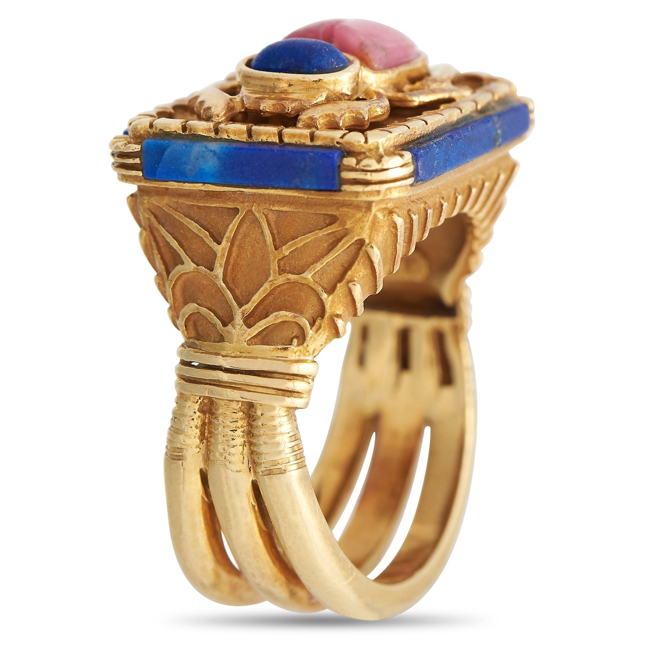 Add character and charm to your style with this LB Exclusive 18K Yellow Gold Lapis and Rhodochrosite Scarab Ring. It features an 8mm band topped with a 17x20mm yellow gold plate with an intense blue lapis lazuli border and a sculpted Scarab Beetle