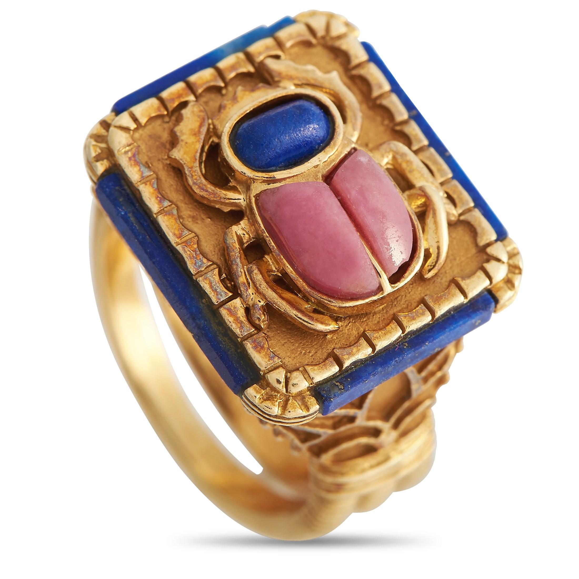 Mixed Cut LB Exclusive 18K Yellow Gold Lapis and Rhodochrosite Scarab Ring