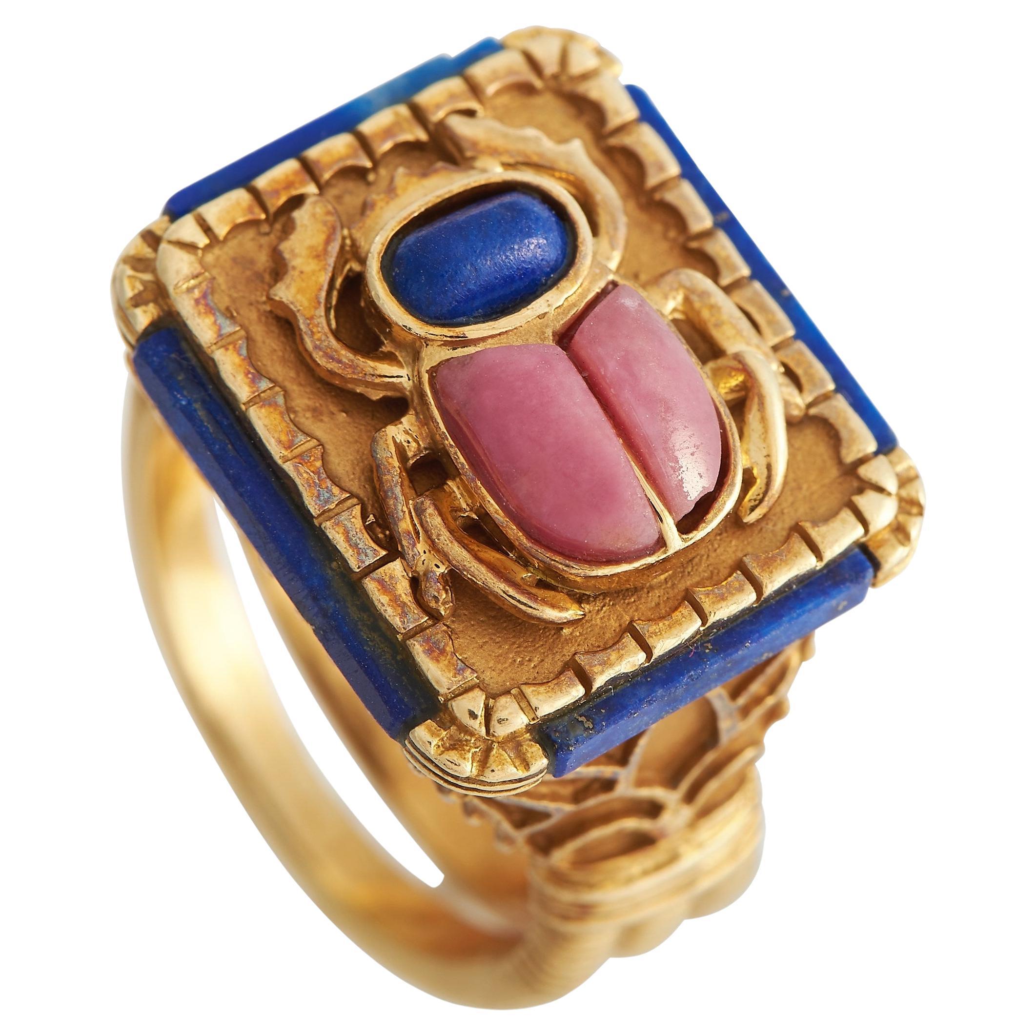 LB Exclusive 18K Yellow Gold Lapis and Rhodochrosite Scarab Ring