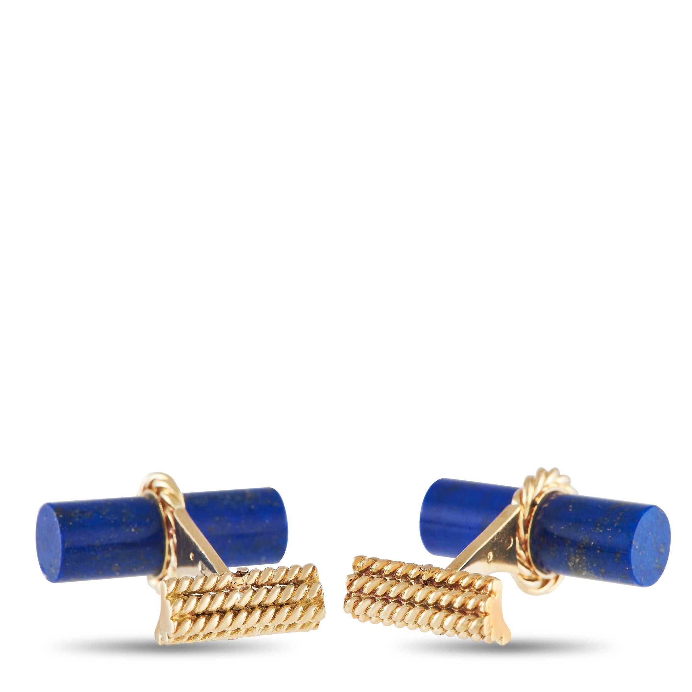 Add a pop of color to any suited look with these luxurious cufflinks. Crafted from 18K Yellow Gold, each one features a sleek, sophisticated blue Lapis stone. These cufflinks measure 0.80” long and 0.45” wide. 