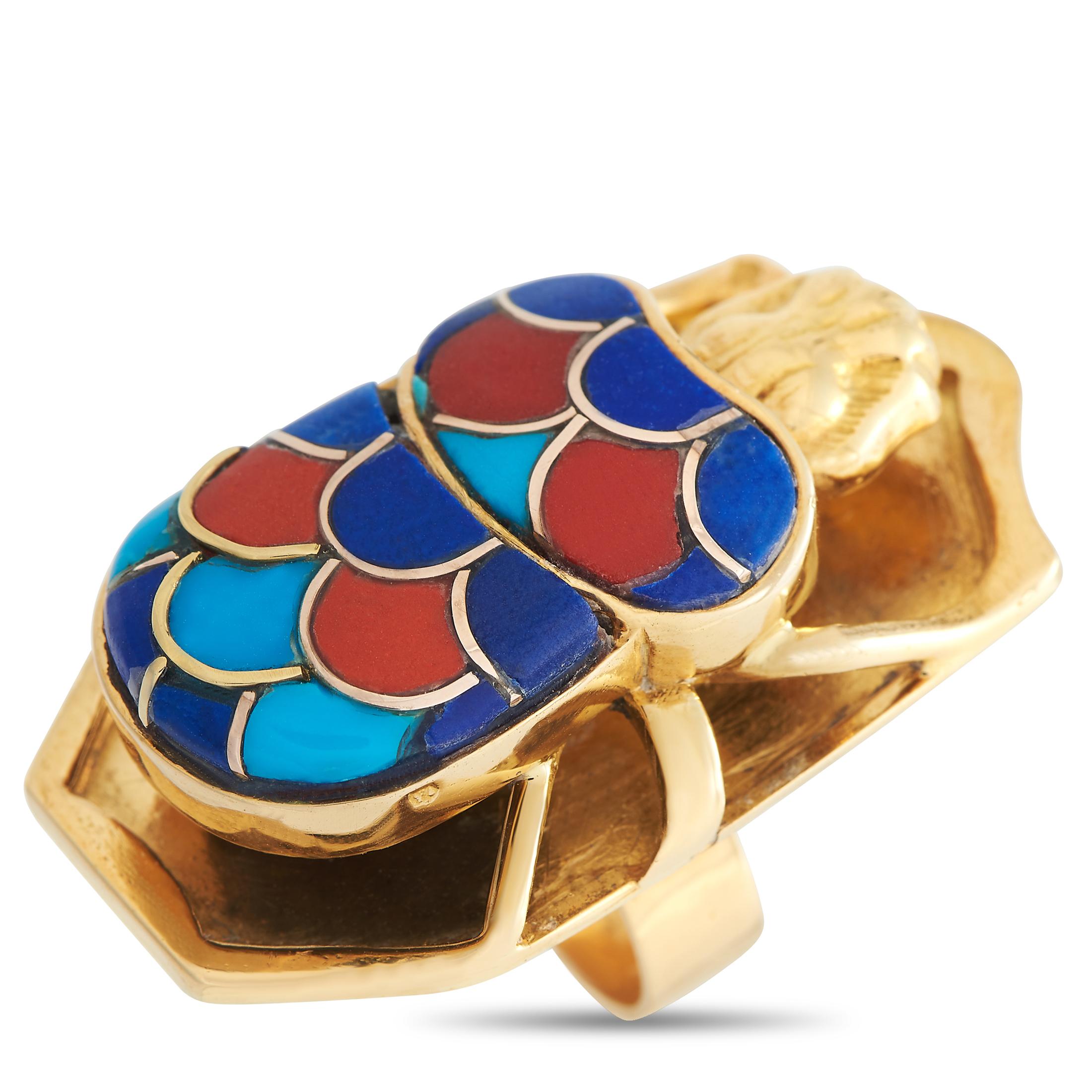 LB Exclusive 18K Yellow Gold Lapis, Turquoise, and Coral Scarab Cocktail Ring In Excellent Condition In Southampton, PA
