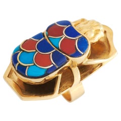 LB Exclusive 18K Yellow Gold Lapis, Turquoise, and Coral Scarab Cocktail Ring