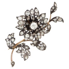 LB Exclusive Antique 18K Rose Gold and Silver 6.97ct Diamond Flower Brooch