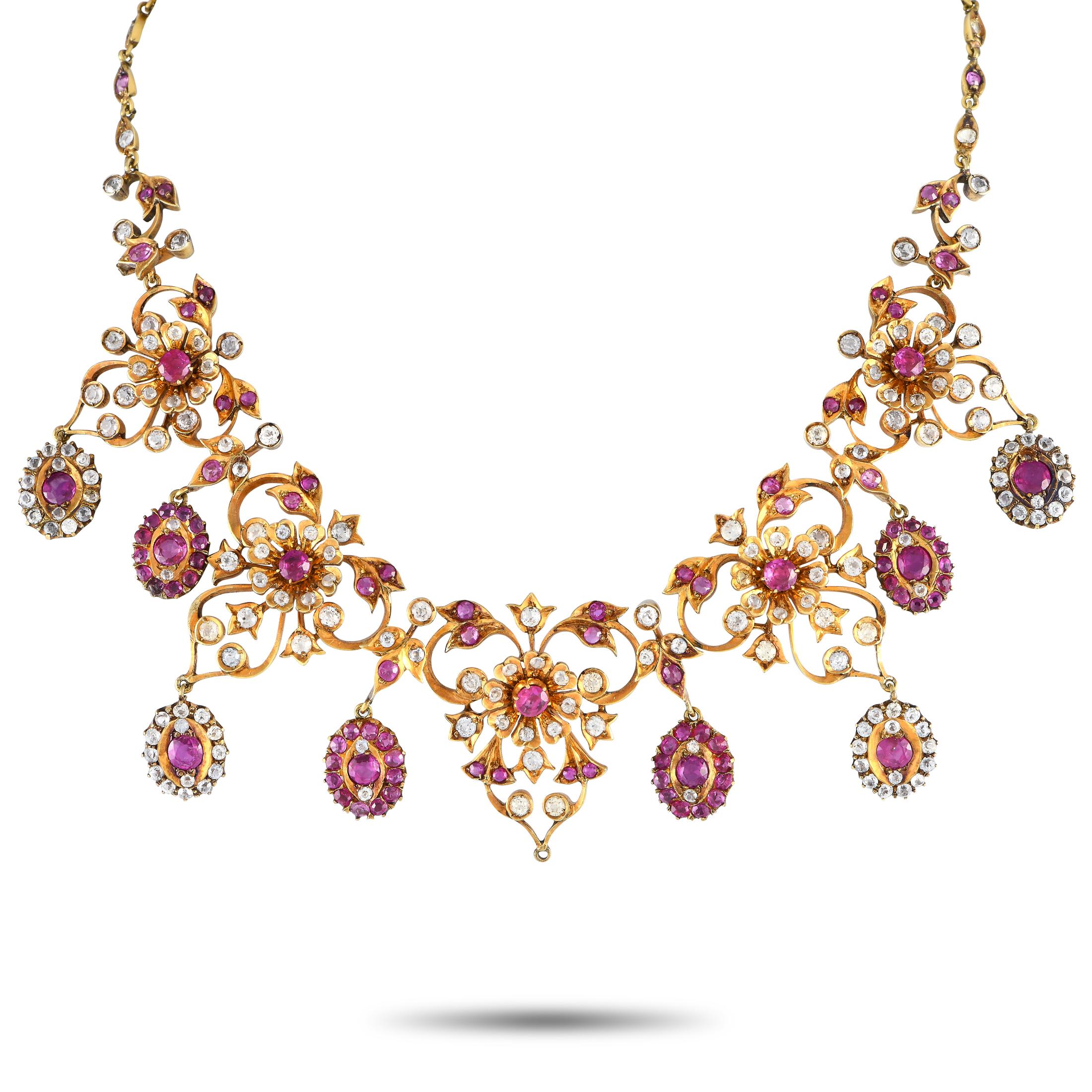 LB Exclusive Antike 18K Gelbgold 7.0ct Diamant und Burma Rubin Halskette im Zustand „Hervorragend“ in Southampton, PA