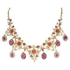 LB Exclusive Antique 18K Yellow Gold 7.0ct Diamond and Burma Ruby Necklace