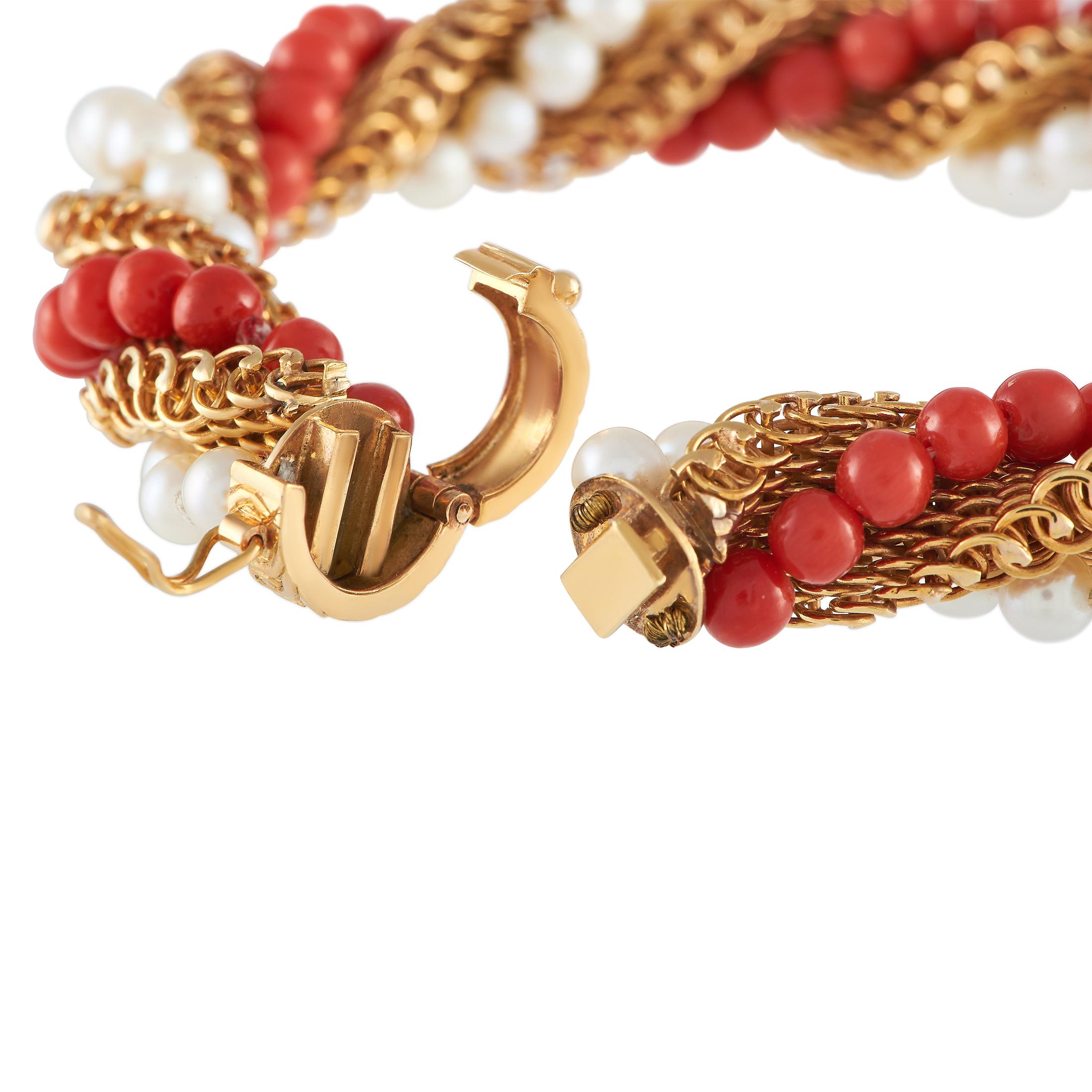 Mixed Cut LB Exclusive Antique 18k Yellow Gold Coral and Pearl Twisted Rope Bracelet