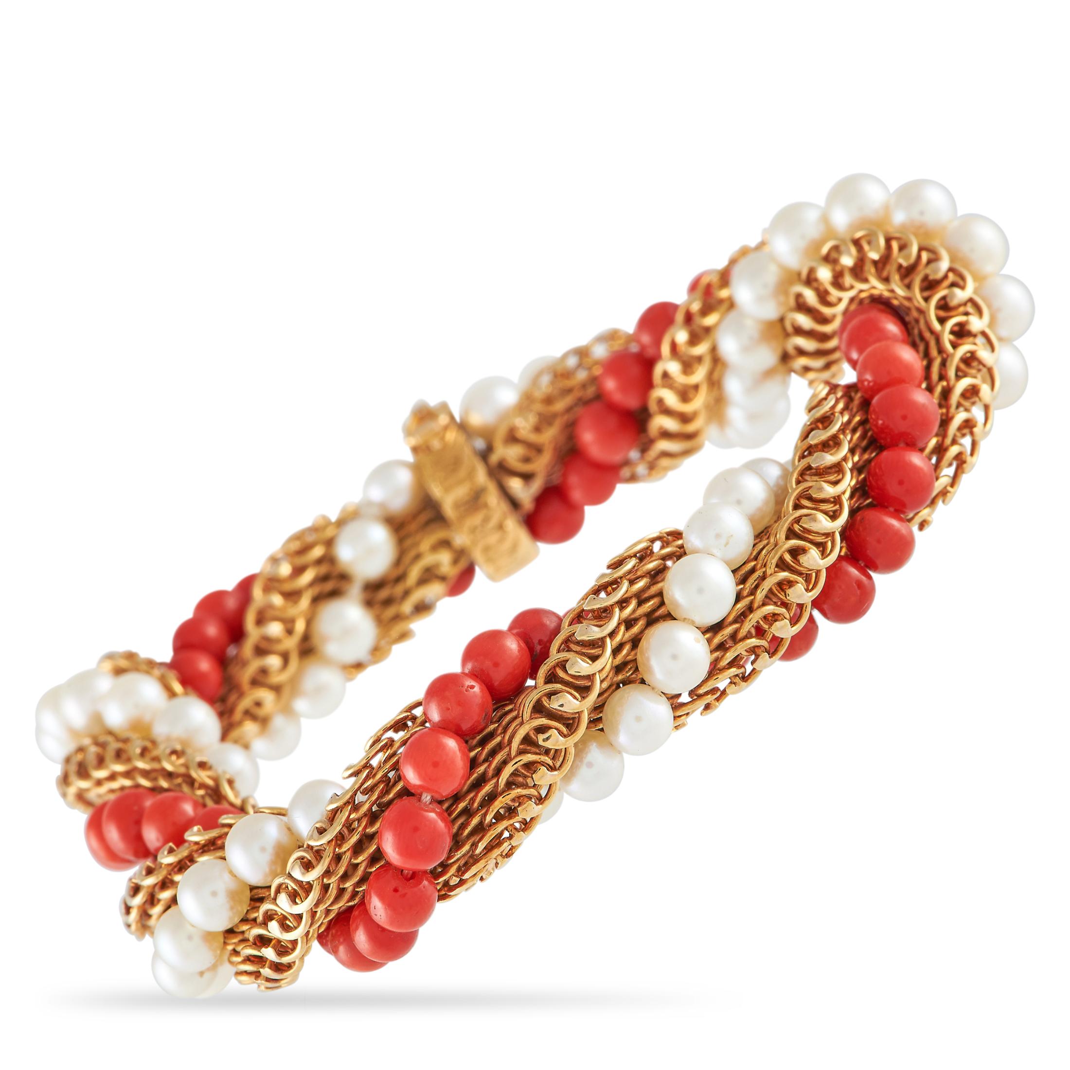 LB Exclusive Antique 18k Yellow Gold Coral and Pearl Twisted Rope Bracelet In Excellent Condition In Southampton, PA