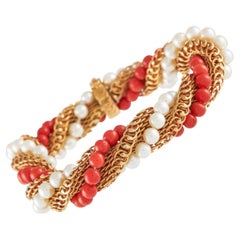 LB Exclusive Antique 18k Yellow Gold Coral and Pearl Twisted Rope Bracelet