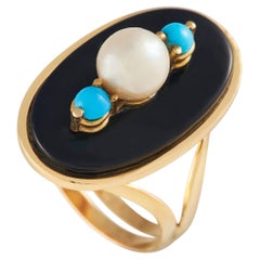 LB Exclusive Antique 18k Yellow Gold Onyx, Pearl, and Turquoise Ring