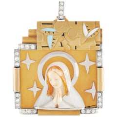 LB Exclusive Art Deco Style 18K Yellow Gold Diamond, Religious Pendant