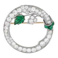 LB Art Deco Style Platinum 1.85 Ct Diamond and Carved Emerald Wreath Brooch