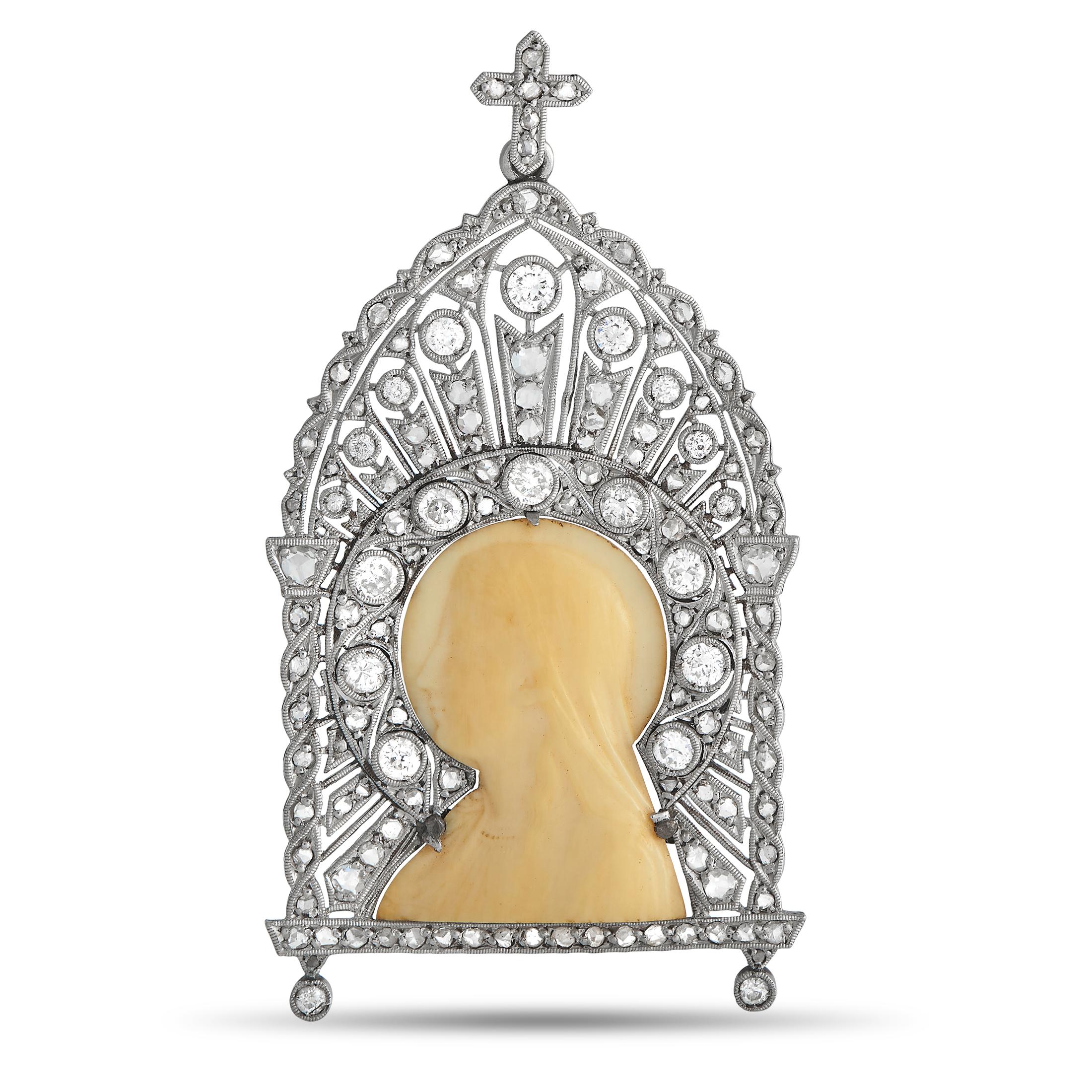 Round Cut LB Exclusive Art Deco Platinum 2.25ct Diamond and Carved Stone St. Mary Pendant
