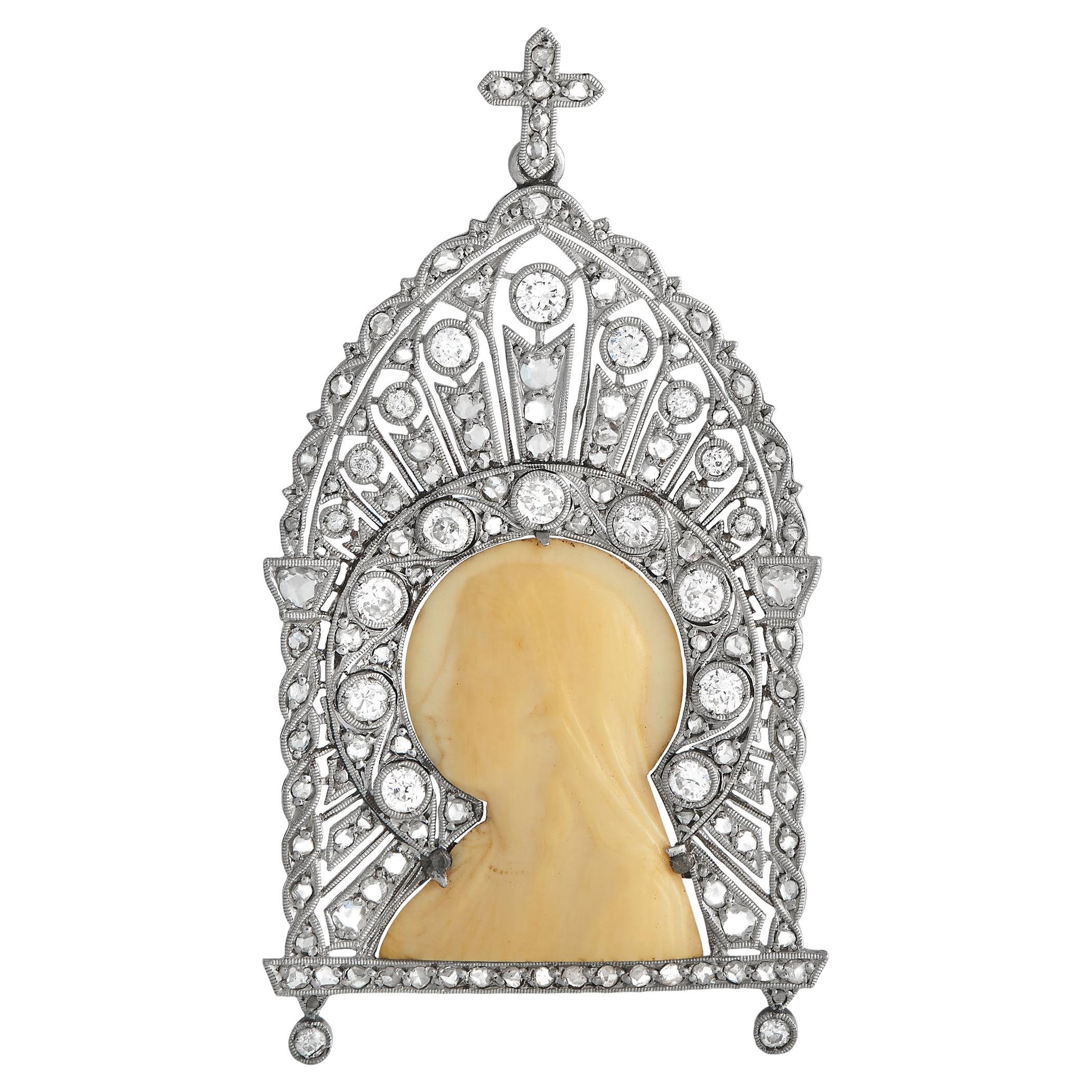 LB Exclusive Art Deco Platinum 2.25ct Diamond and Carved Stone St. Mary Pendant