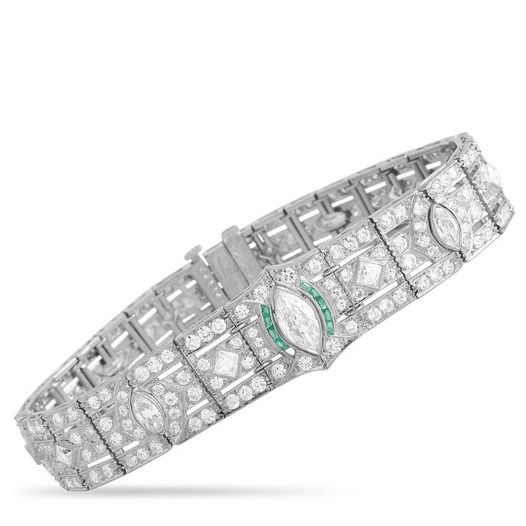 LB Exclusive Art Deco Platinum 9.00 Ct Diamond and Emerald Bracelet In Excellent Condition In Southampton, PA