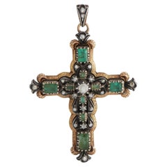 LB Exclusive Continental Antique 18K Rose Gold, Silver Diamond and Emerald Cross