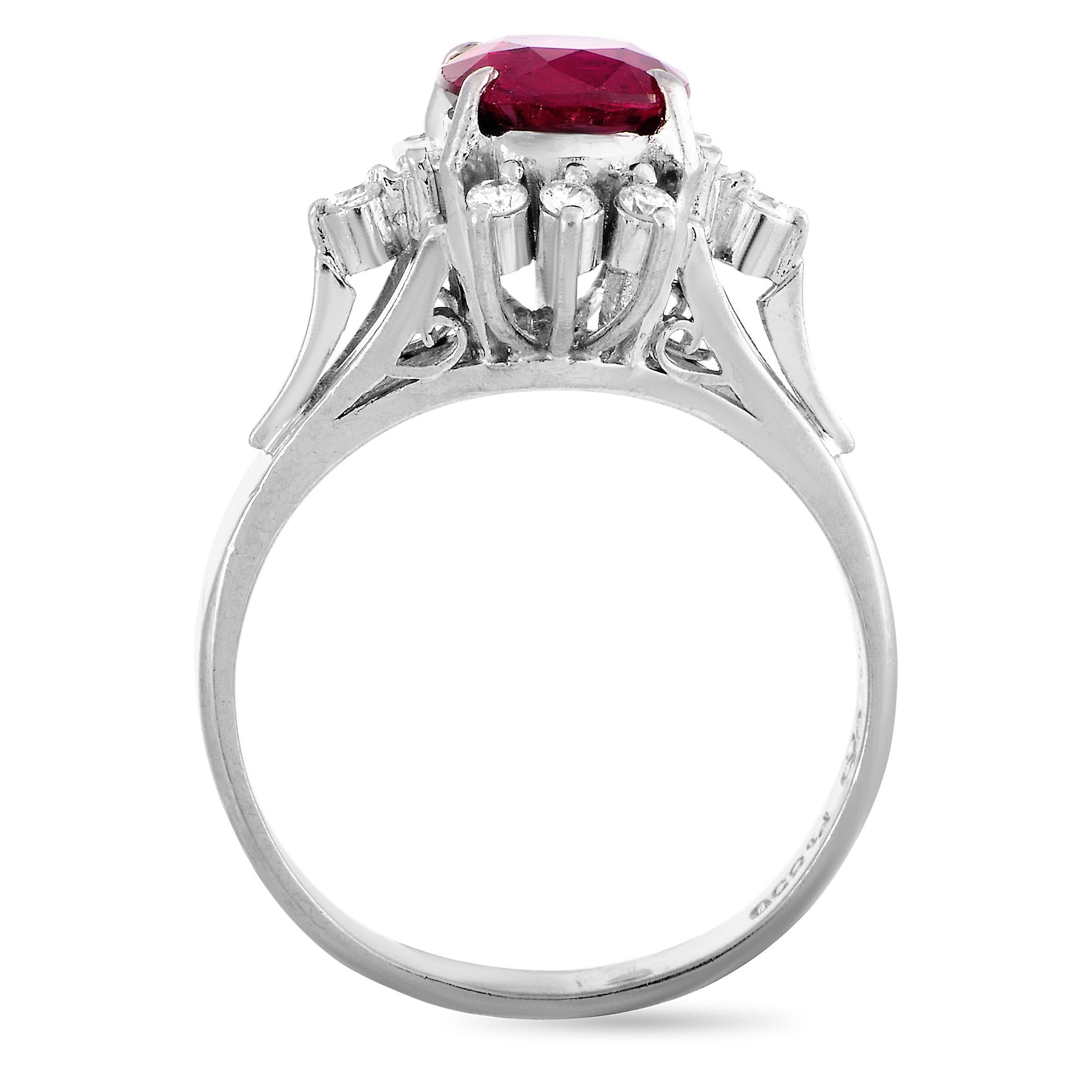 This LB Exclusive ring is made of platinum and set with a ruby that weighs 1.63 carats and with diamonds that total 0.20 carats. The ring weighs 5.6 grams, boasting band thickness of 3 mm and top height of 9 mm, while top dimensions measure 11 by 12