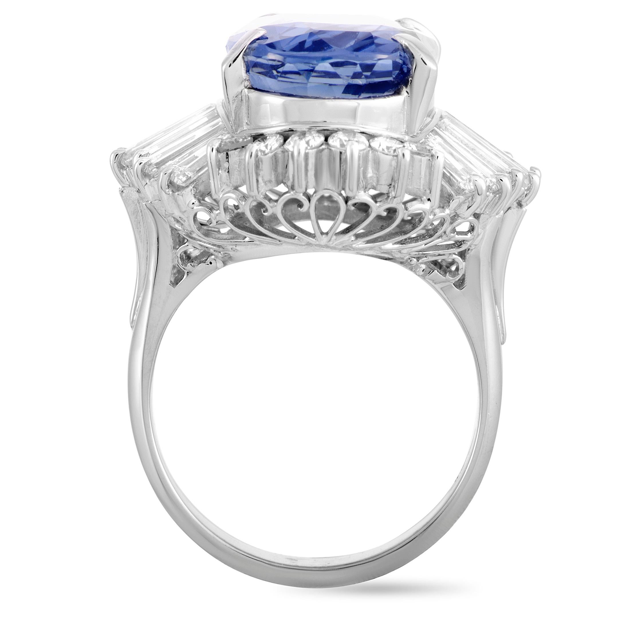 This LB Exclusive ring is made of platinum and set with a total of 1.75 carats of diamonds and a 10.80 ct no-heat Ceylon sapphire with AIGS certificate. The ring weighs 12.7 grams, boasting band thickness of 3 mm and top height of 11 mm, while top