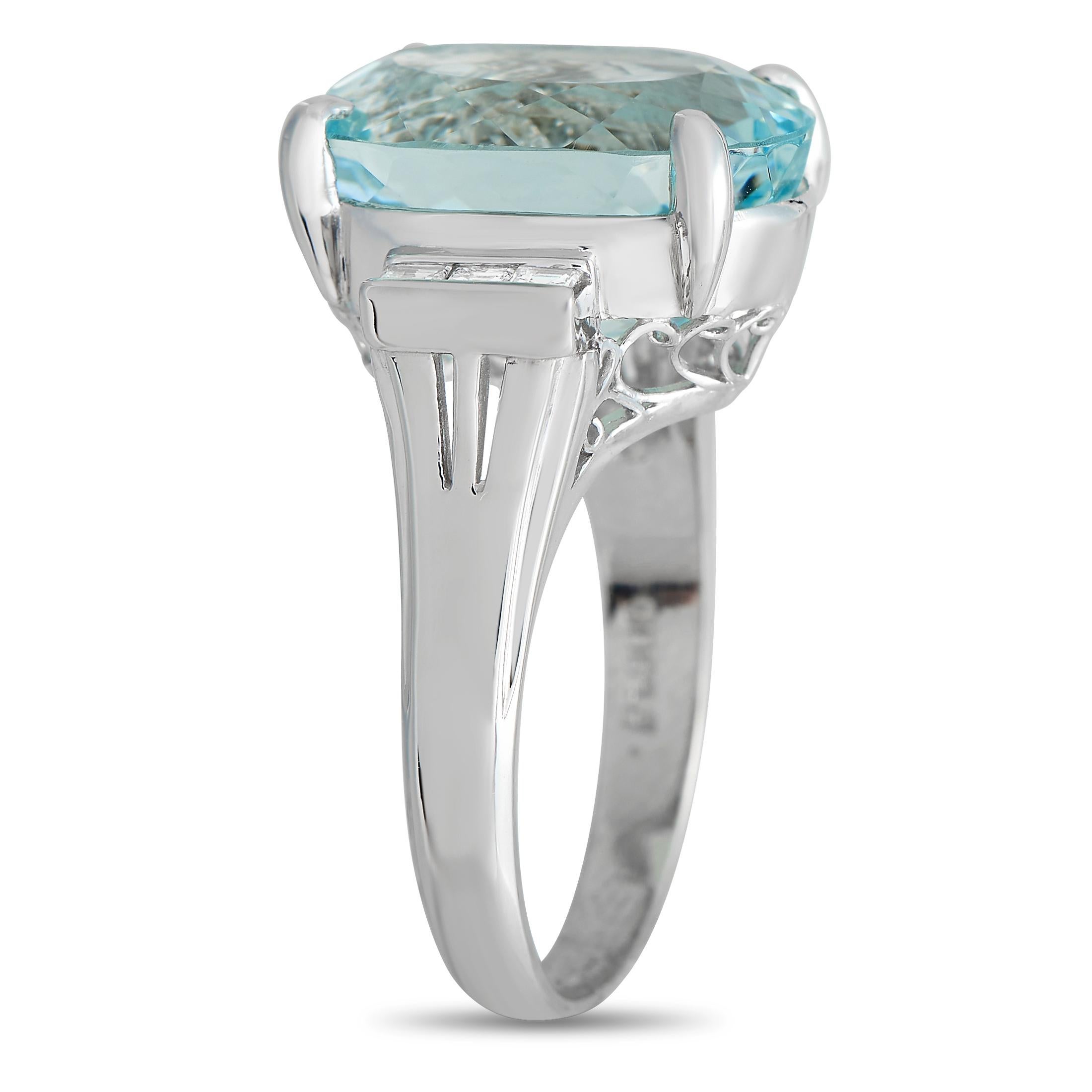 This luxurious ring will serve as an exquisite addition to any luxury jewelry collection. An intricate Platinum setting provides the perfect backdrop for this ring’s stunning array of gemstones, which include diamond accents totaling 0.24 carats and