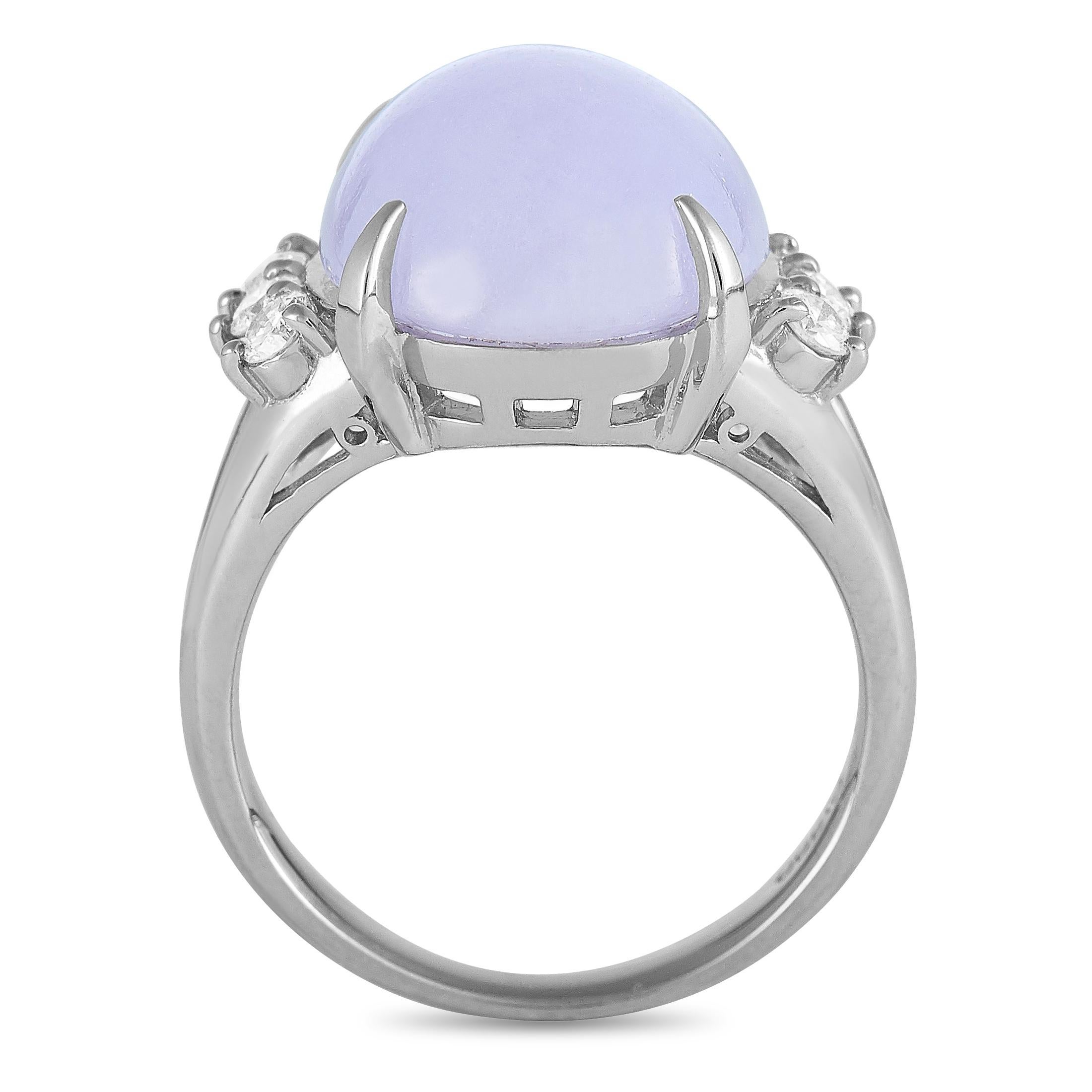 This LB Exclusive ring is made of platinum and embellished with an 11.31 ct lavender jade and a total of 0.27 carats of diamonds. The ring weighs 10.5 grams and boasts band thickness of 3 mm and top height of 8 mm, while top dimensions measure 16 by
