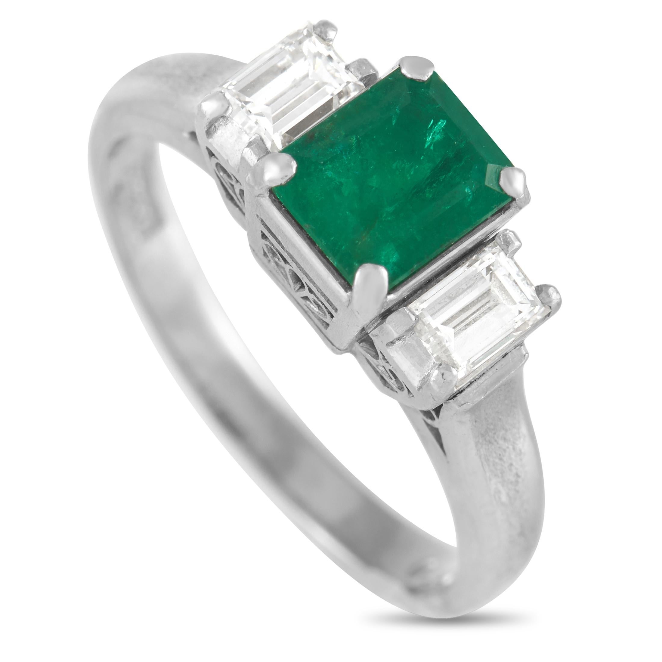 LB Exclusive Platinum 0.30 Ct Diamond and Emerald Ring In Excellent Condition In Southampton, PA