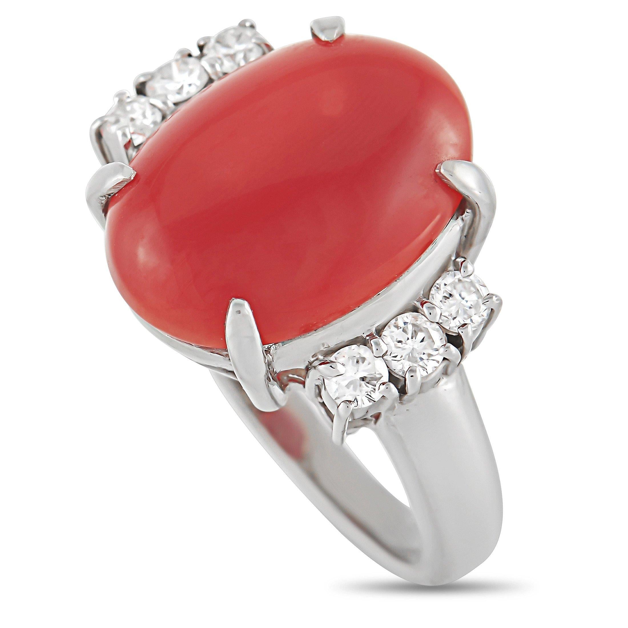 LB Exclusive Platinum 0.31 Ct Diamond and Coral Ring In Excellent Condition In Southampton, PA