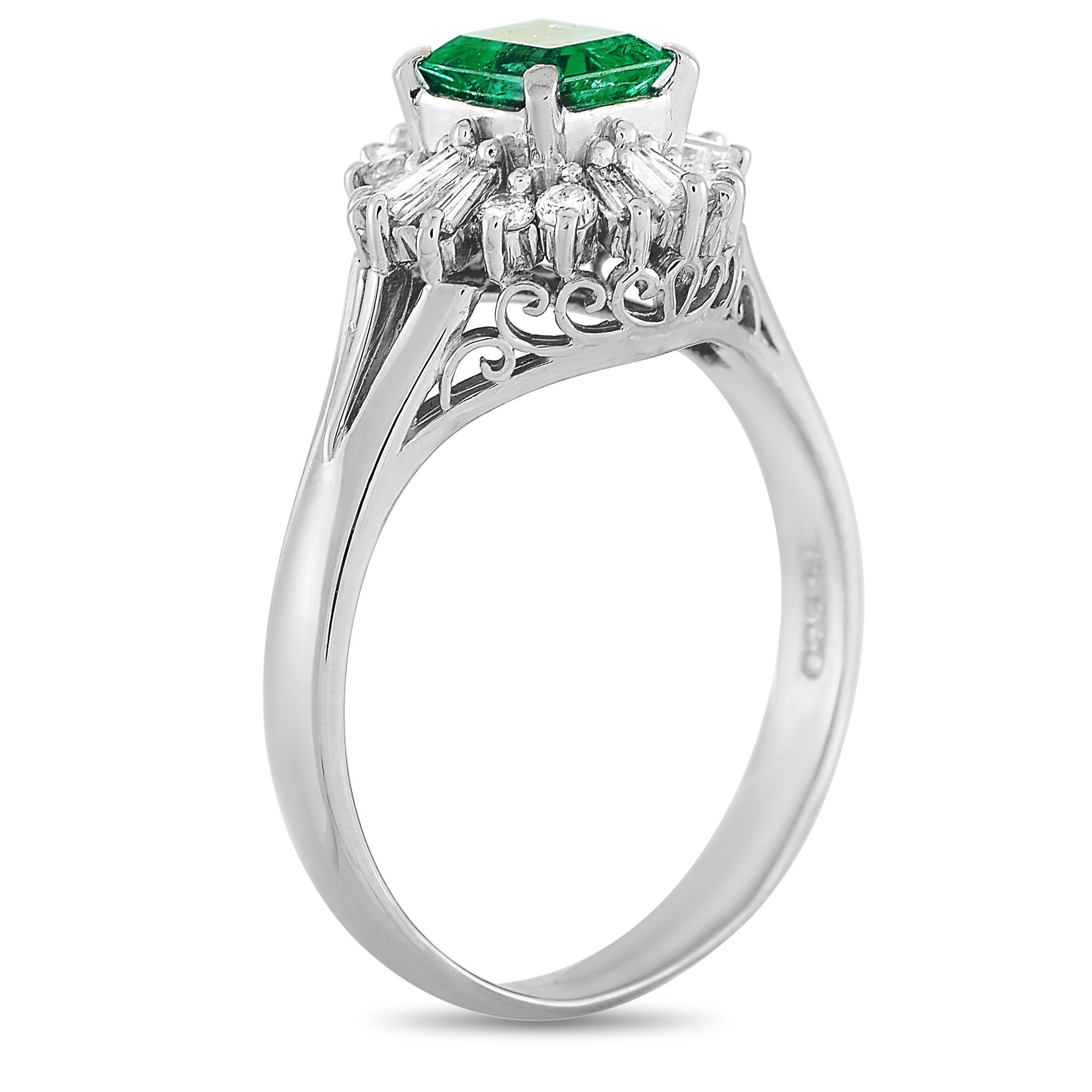 This LB Exclusive ring is made of platinum and embellished with a 0.69 ct emerald and a total of 0.37 carats of diamonds. The ring weighs 5.3 grams and boasts band thickness of 2 mm and top height of 8 mm, while top dimensions measure 12 by 12 mm.
