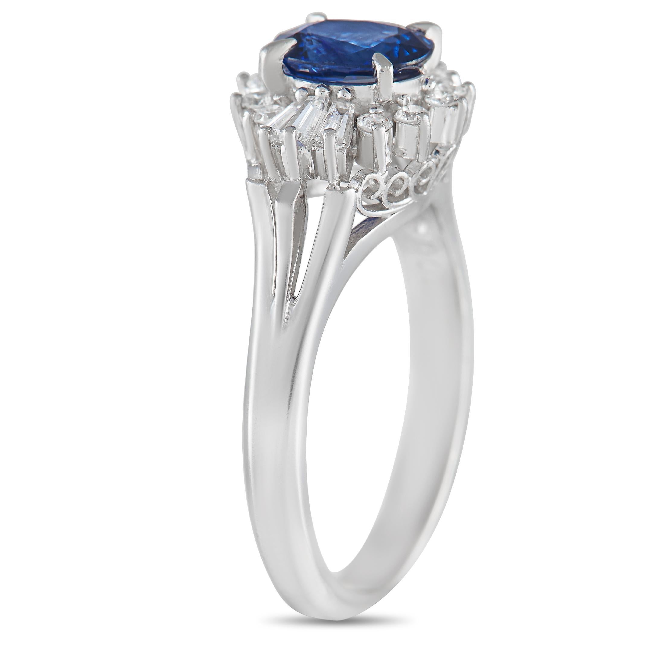 Express your deep love in the color of the deep blue sea through this mesmerizing sapphire and diamond ring. This stunning piece of jewelry features a 1mm slender band topped with a 1.29-carat blue sapphire held in place by four claw prongs. A frame