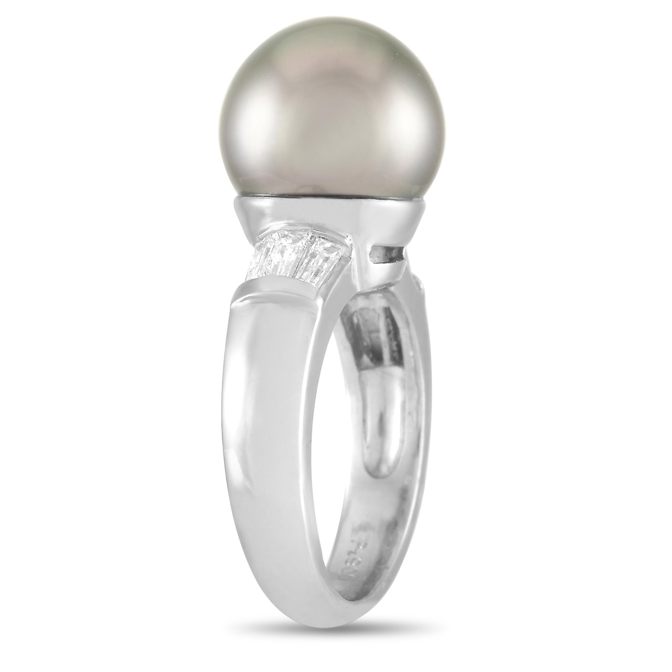 This LB Exclusive ring is made of platinum and embellished with an 11.4 mm pearl and a total of 0.41 carats of diamonds. The ring weighs 9.9 grams and boasts band thickness of 4 mm and top height of 13 mm, while top dimensions measure 11 by 15 mm.
