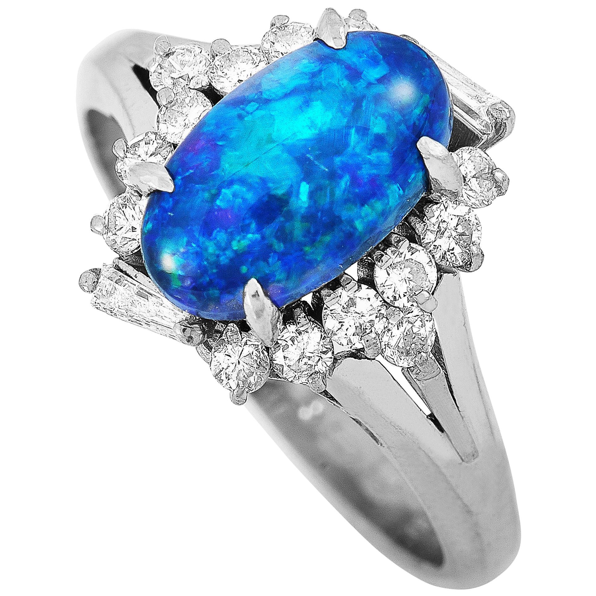 LB Exclusive Platinum 0.42 Carat Diamond and Opal Ring