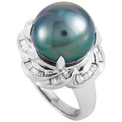 LB Exclusive Platinum 0.43 Carat Baguette Diamond and Pearl Ring