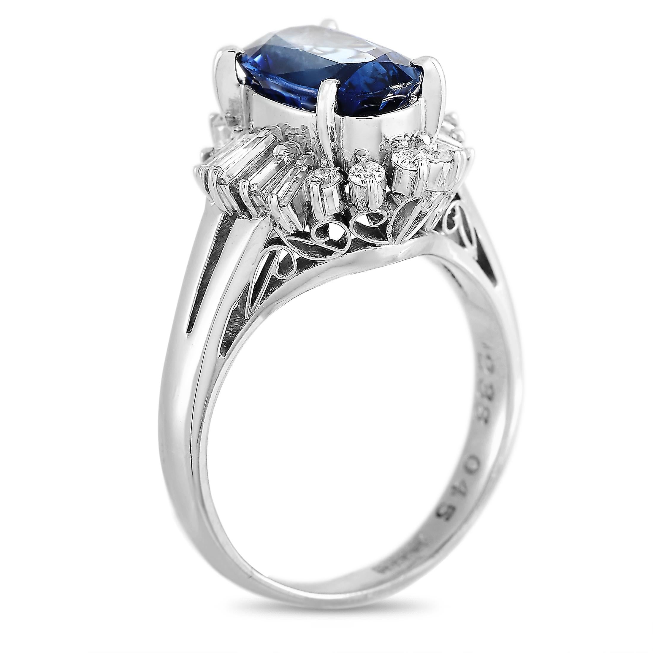 This LB Exclusive ring is made of platinum and embellished with a 2.36 ct sapphire and a total of 0.45 carats of diamonds. The ring weighs 6.6 grams and boasts band thickness of 3 mm and top height of 9 mm, while top dimensions measure 14 by 12 mm.
