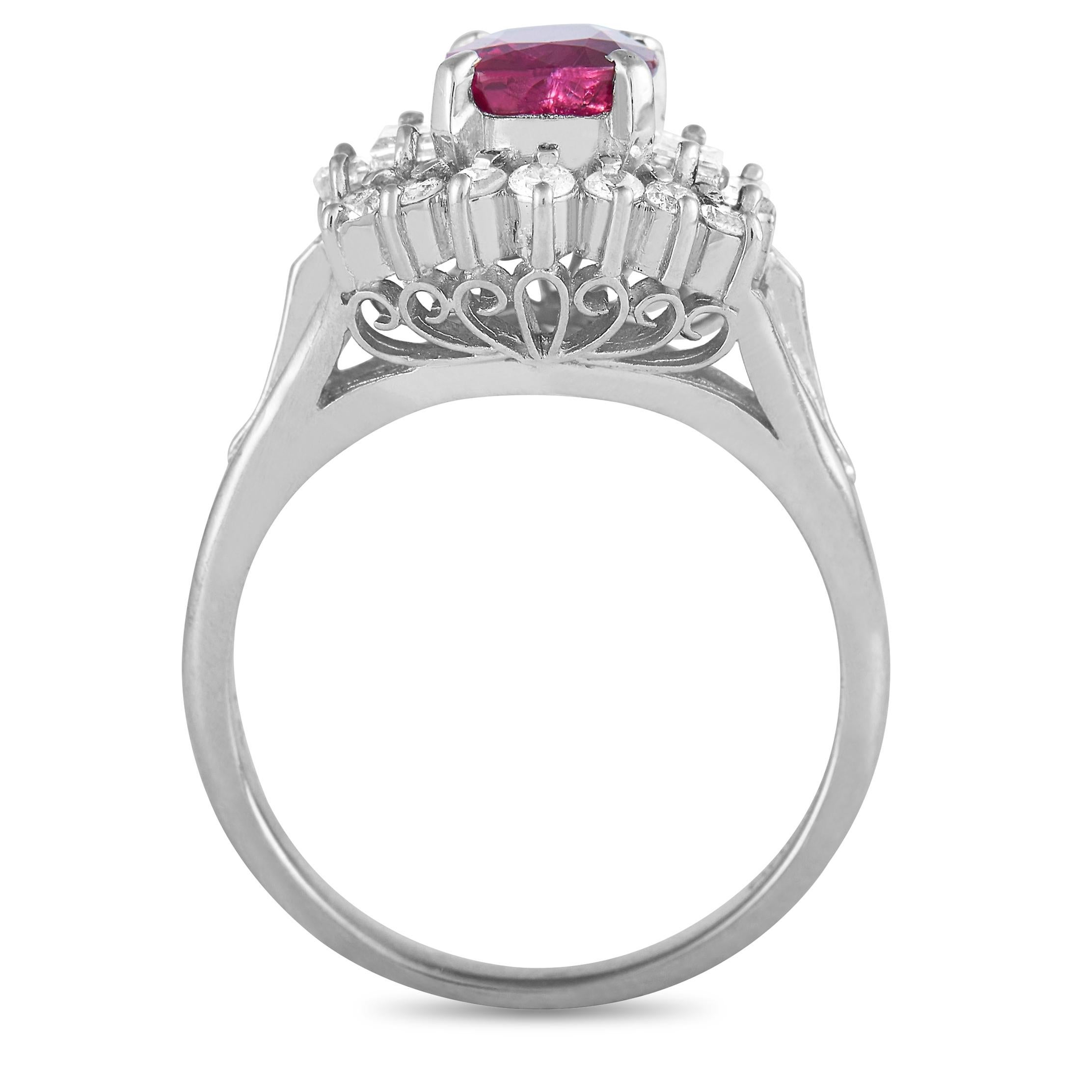 This LB Exclusive ring is crafted from platinum and weighs 6.3 grams. It boasts band thickness of 2 mm and top height of 8 mm, while top dimensions measure 11 by 11 mm. The ring is set with a 1.04 ct ruby and a total of 0.45 carats of diamonds.
 
