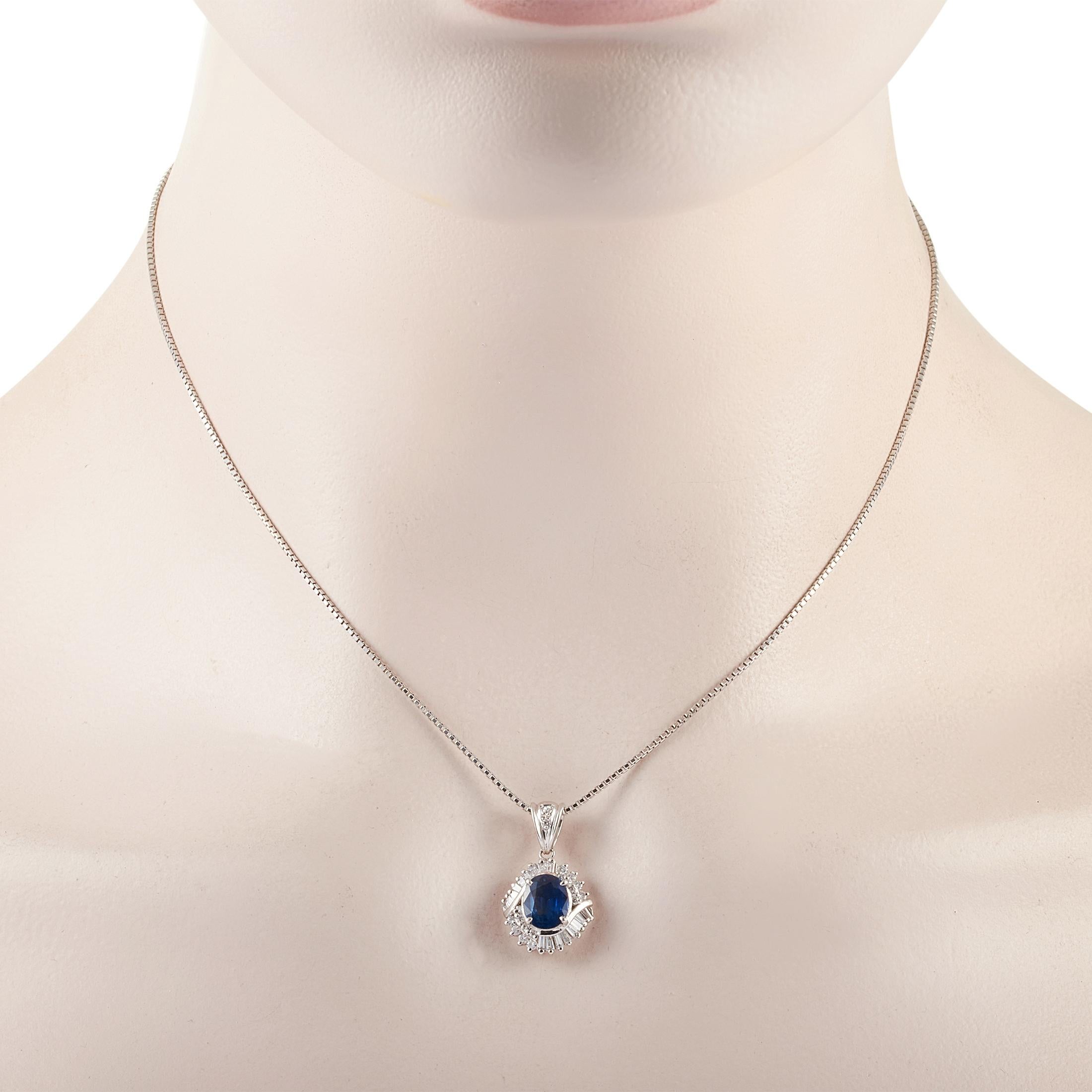 This LB Exclusive necklace is crafted from platinum and weighs 7.9 grams. It is presented with a 15” chain and boasts a pendant that measures 0.88” in length and 0.50” in width. The necklace is set with a 1.64 ct sapphire and a total of 0.50 carats